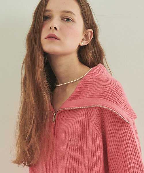(พร้อมส่ง) Ronron Sailor Zip Up Cashmere Wool Knit Pink