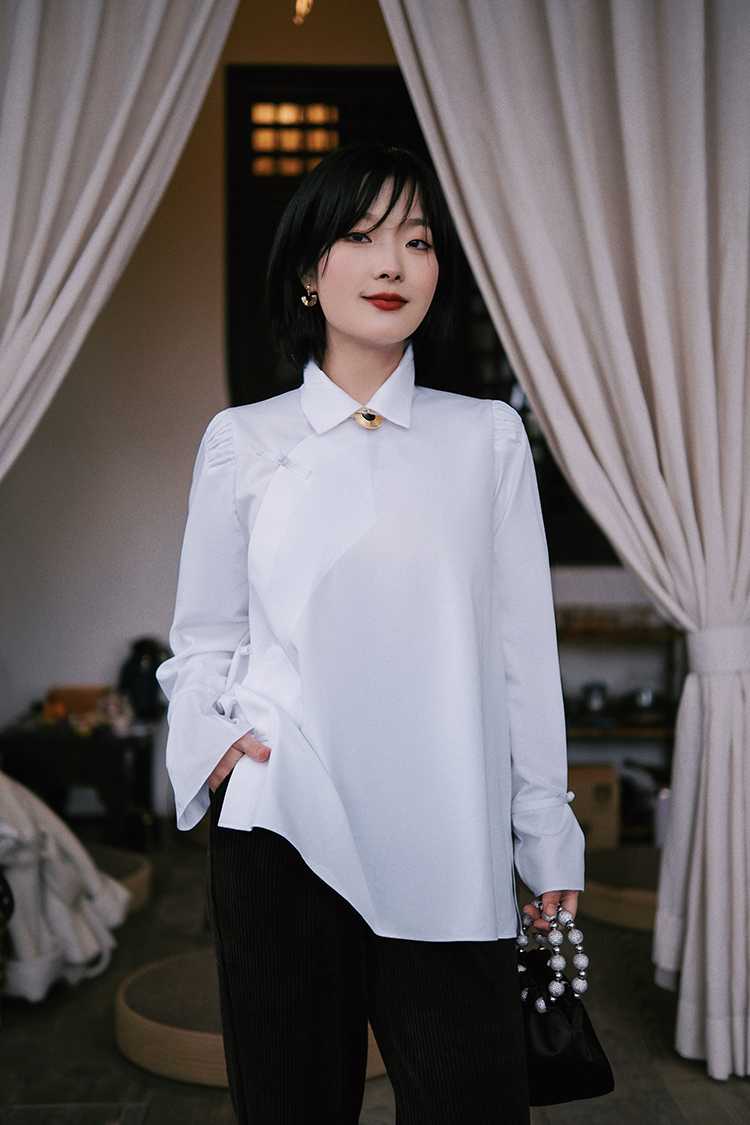 Bamboo fiber deconstructionism new Chinese style stand collar buckle pleats elegant  shirt women
