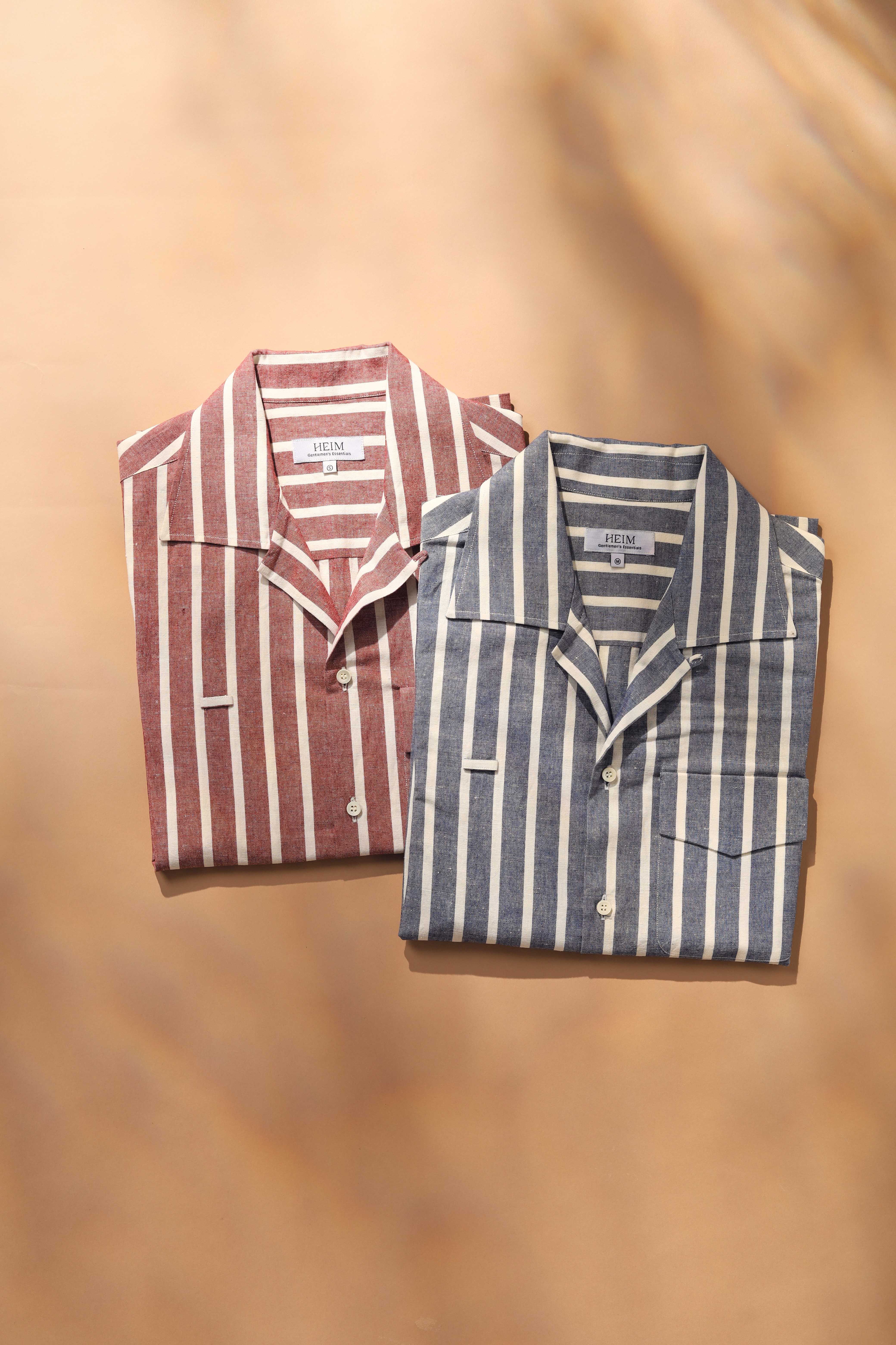HEIM | The Camp Collar Short Sleeves Shirt | เสื้อเชิ้ตแขนสั้นลายทาง สีฟ้า, สีแดง