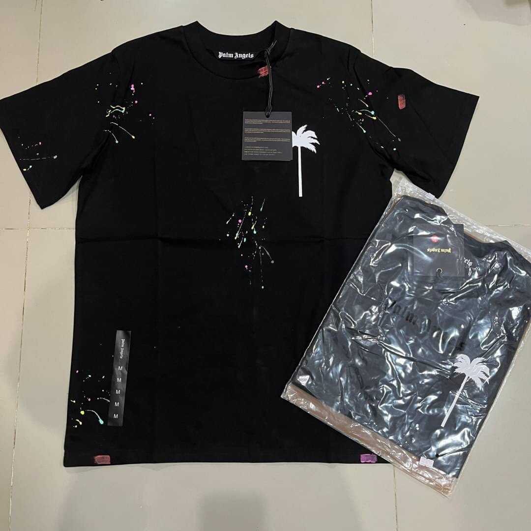 PALM ANGELS PALM TREE PAINTED SPLATTER LOGO PRINT T-SHIRT BLACK เสื้อปาล์มแองเจิล