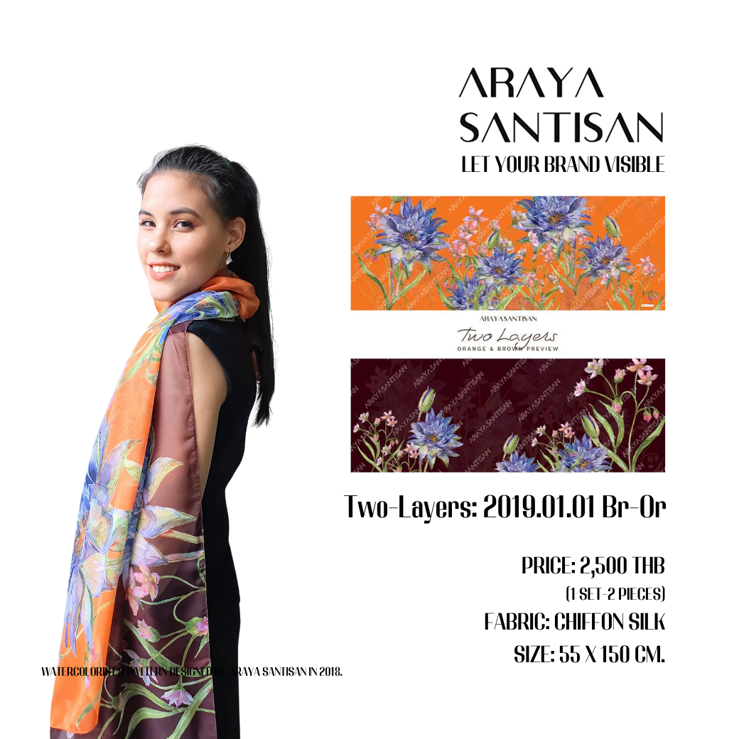 ผ้าพันคอศิลปะ สีน้ำ ลายดอกบัวฉลองขวัญ Collection: Two Layers. รหัส/code TL-2019SSA10001 -SD&Br