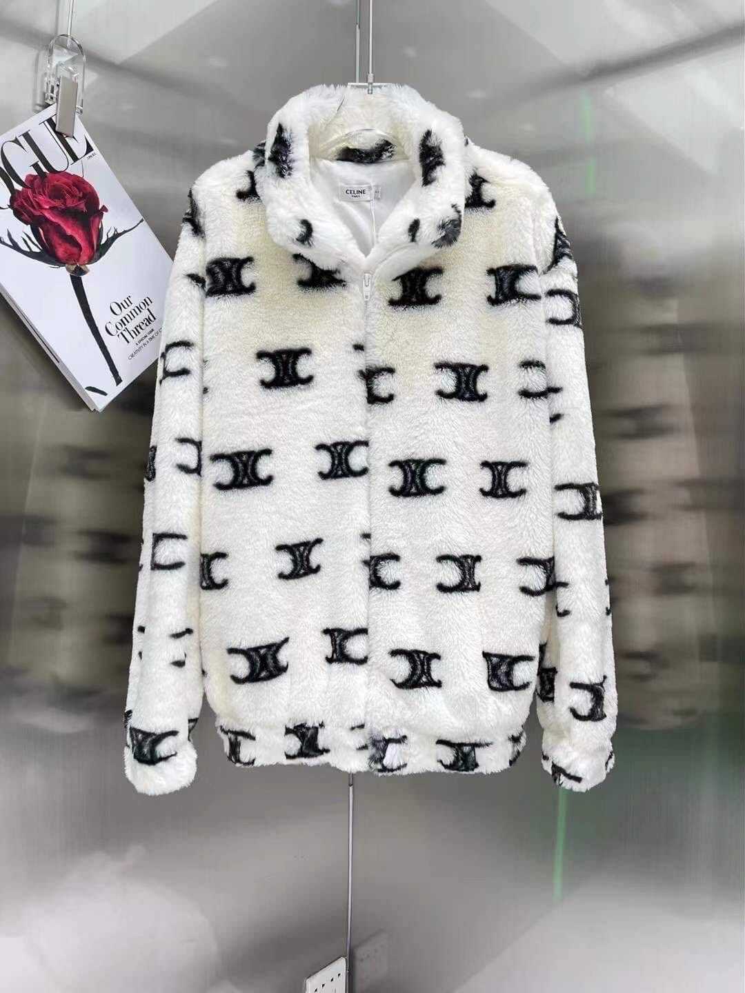 CELINE TRIOMPHE ALL OVER LOGO WHITE FUR JACKET เสื้อคลุมตัวนอก แจ็คเก็ตขนเฟอร์นุ่ม ซีลีน