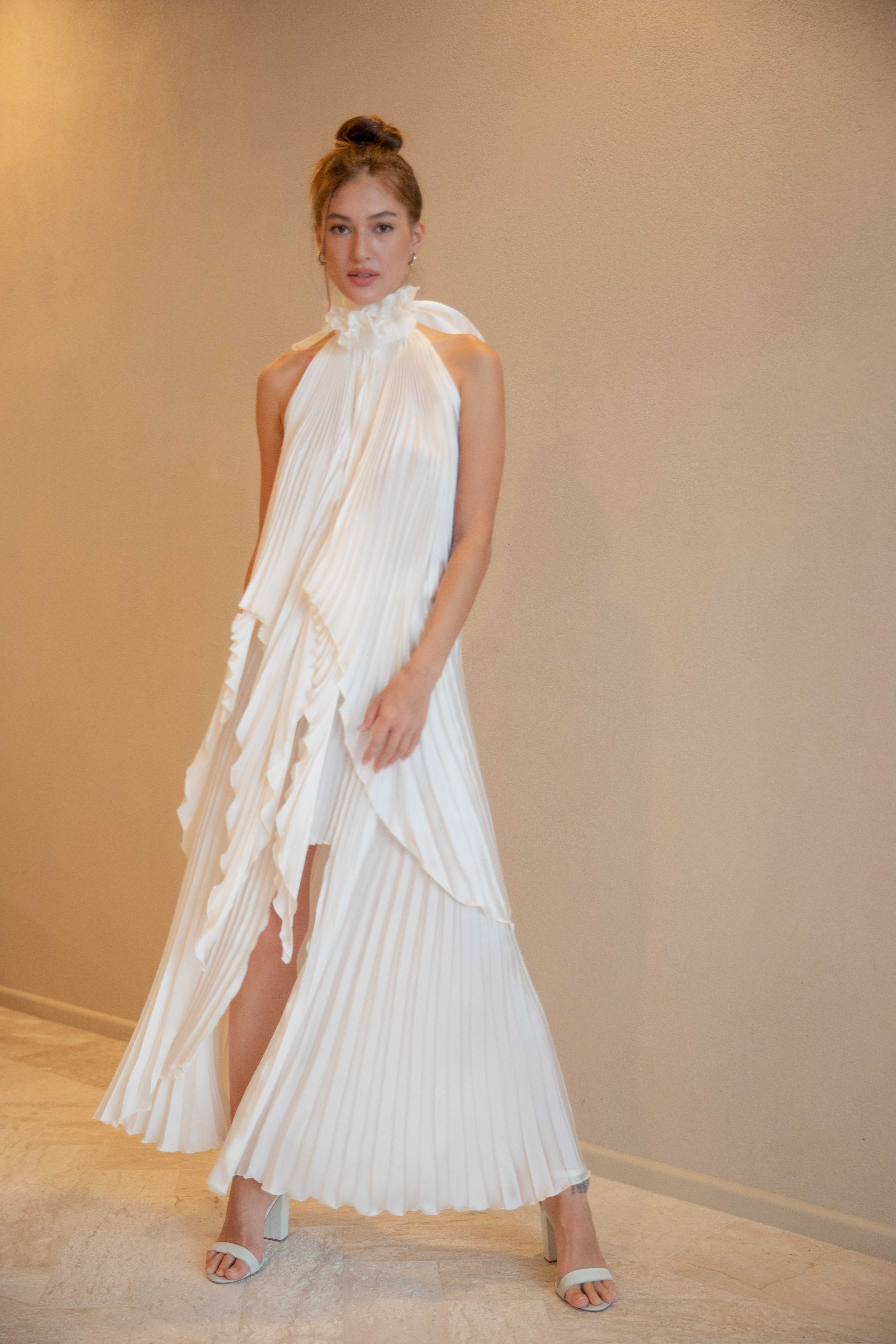 Bow ruffle neck open back set(Top&Skirt) - Cream