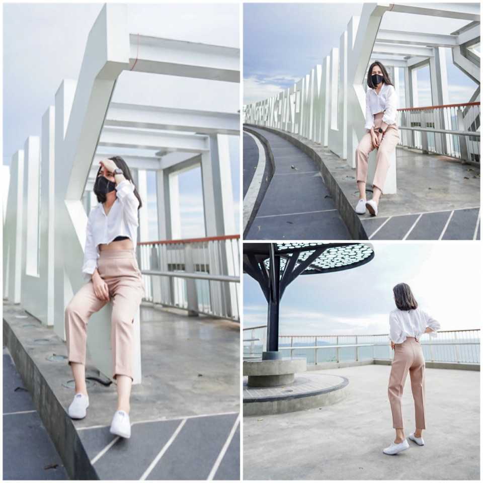ZK⭐️New arrival สีใหม่⭐️กางเกงผ้าสลาฟ 8 ส่วน ซิปข้าง เอวสูง👖 - สีนู๊ด