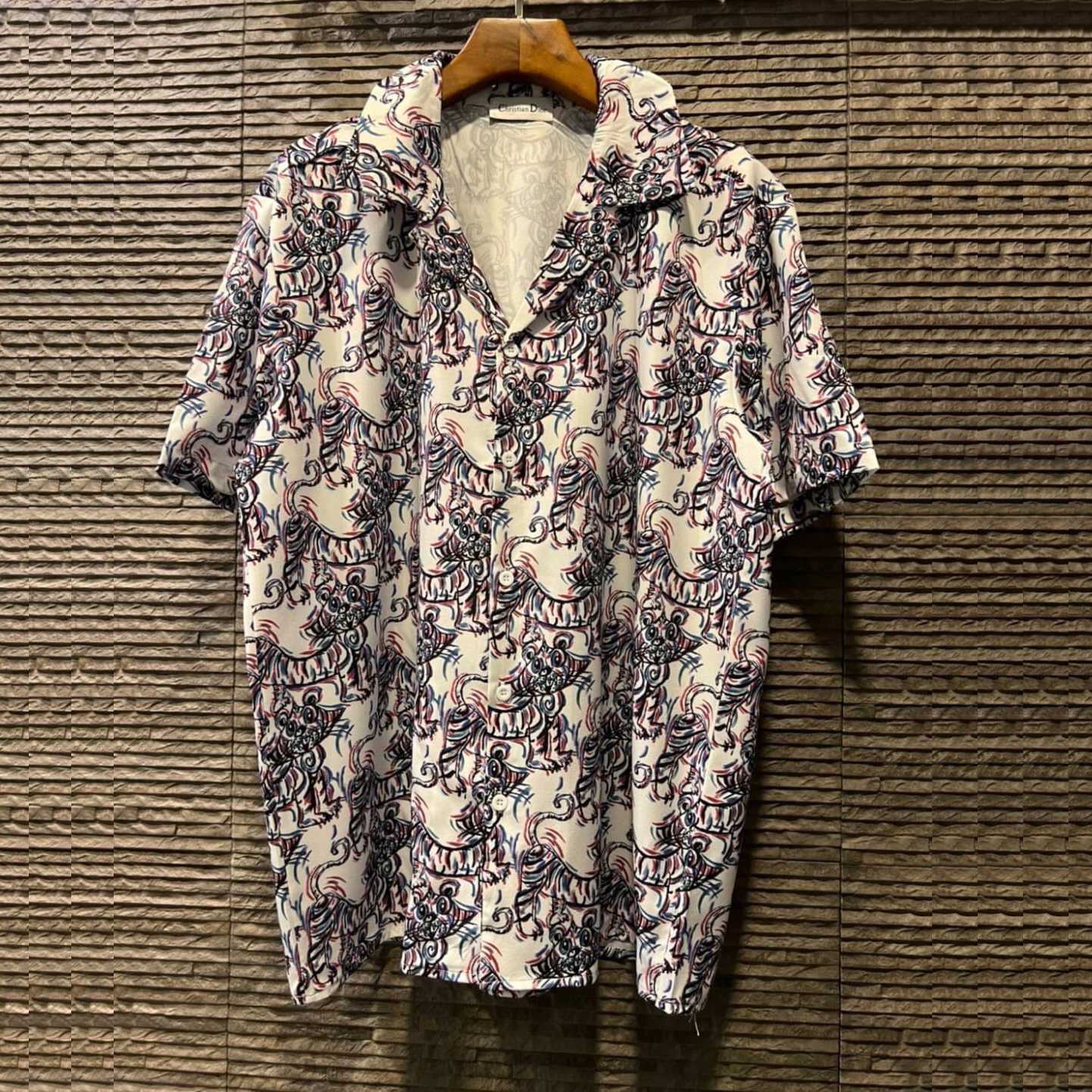 CHRISTIAN DIOR AND KENNY SCHARF WHITE AND BLUE SILK TWILL SHORT SLEEVE SHIRT