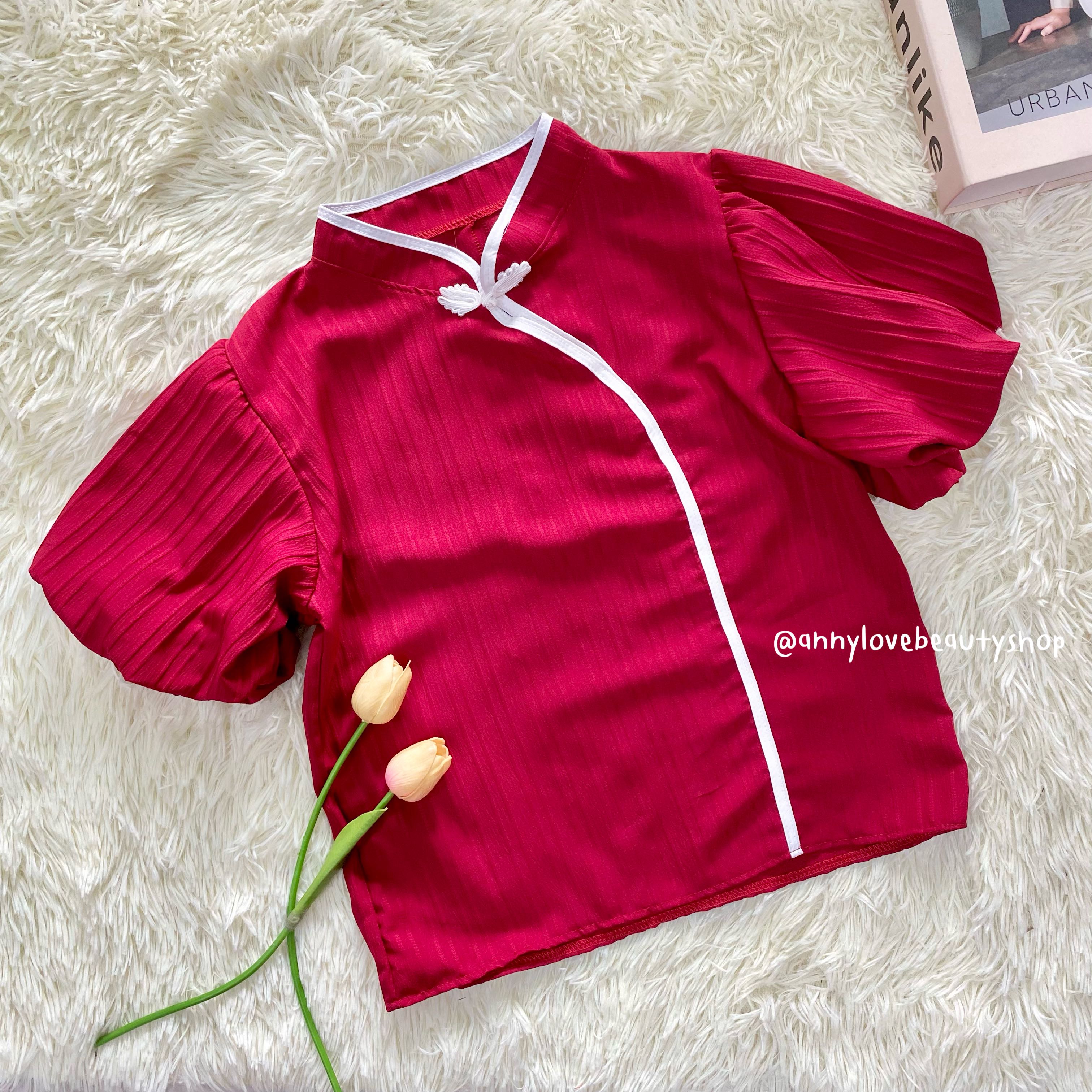 เสื้อคอจีน แขนพอง ผ้าเปลือกไม้ ตรีมตรุษจีน