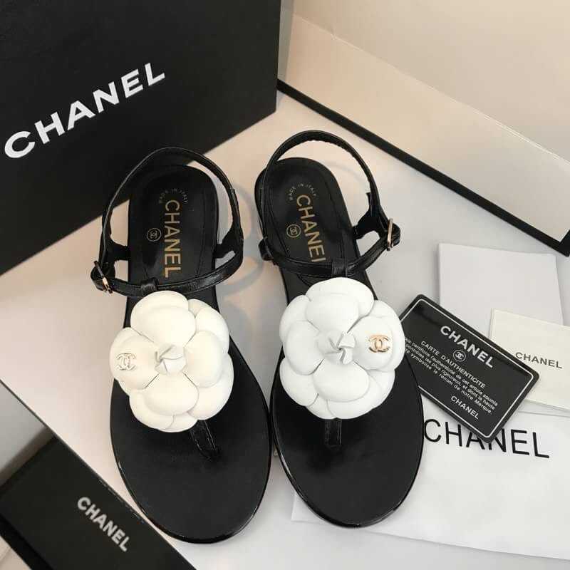 CHANEL CC LEATHER ANKLE STRAP BLACK WITH WHITE CAMELLIA FLOWER SANDALS รองเท้าชาแนล
