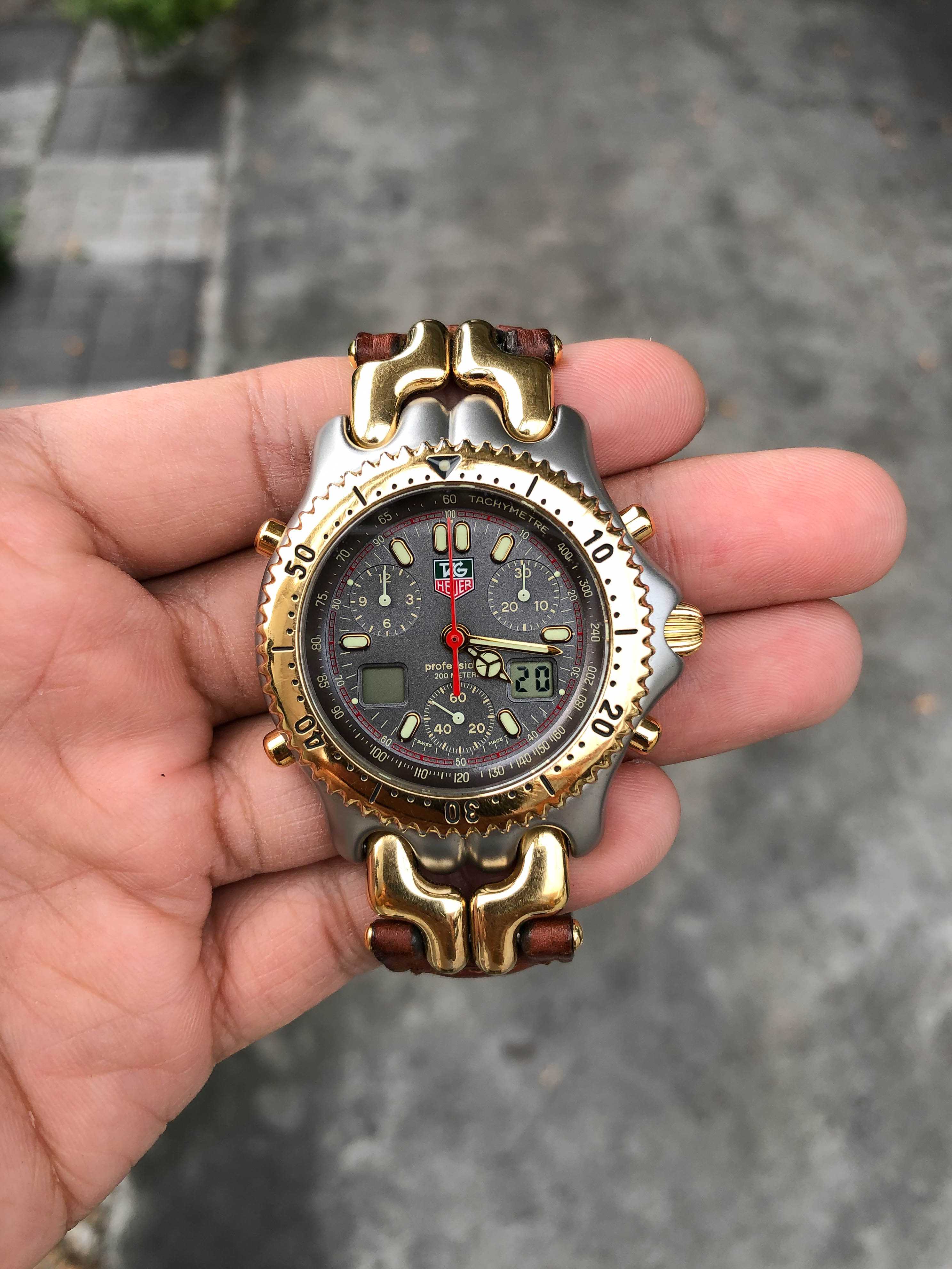Tag Heuer ก้างปลา 2tone King Size Chronograph Digital Quartz หน้าเทา