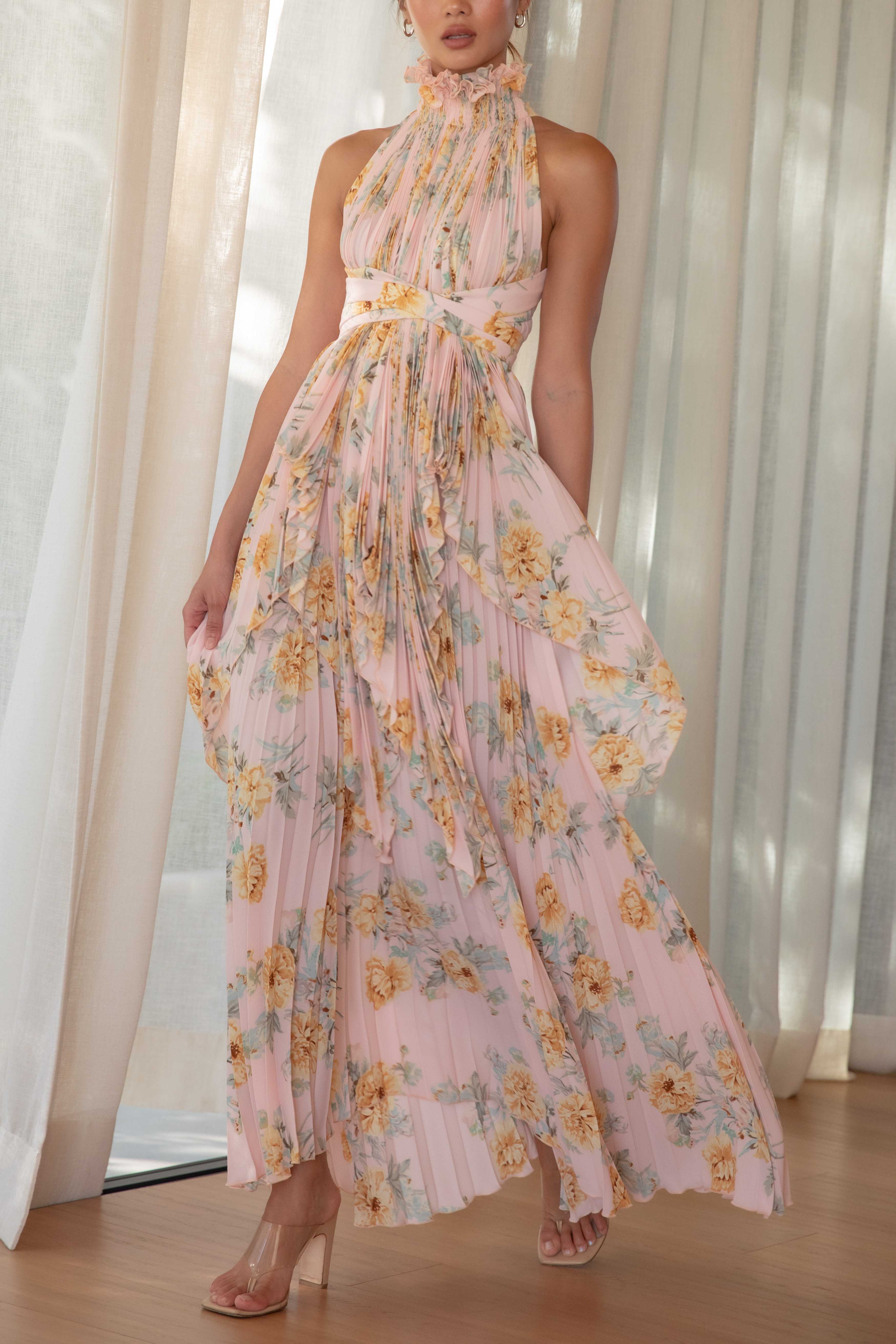 Ruffle Neck Bow Open Back Set (Top & Skirt) - Pink Floral