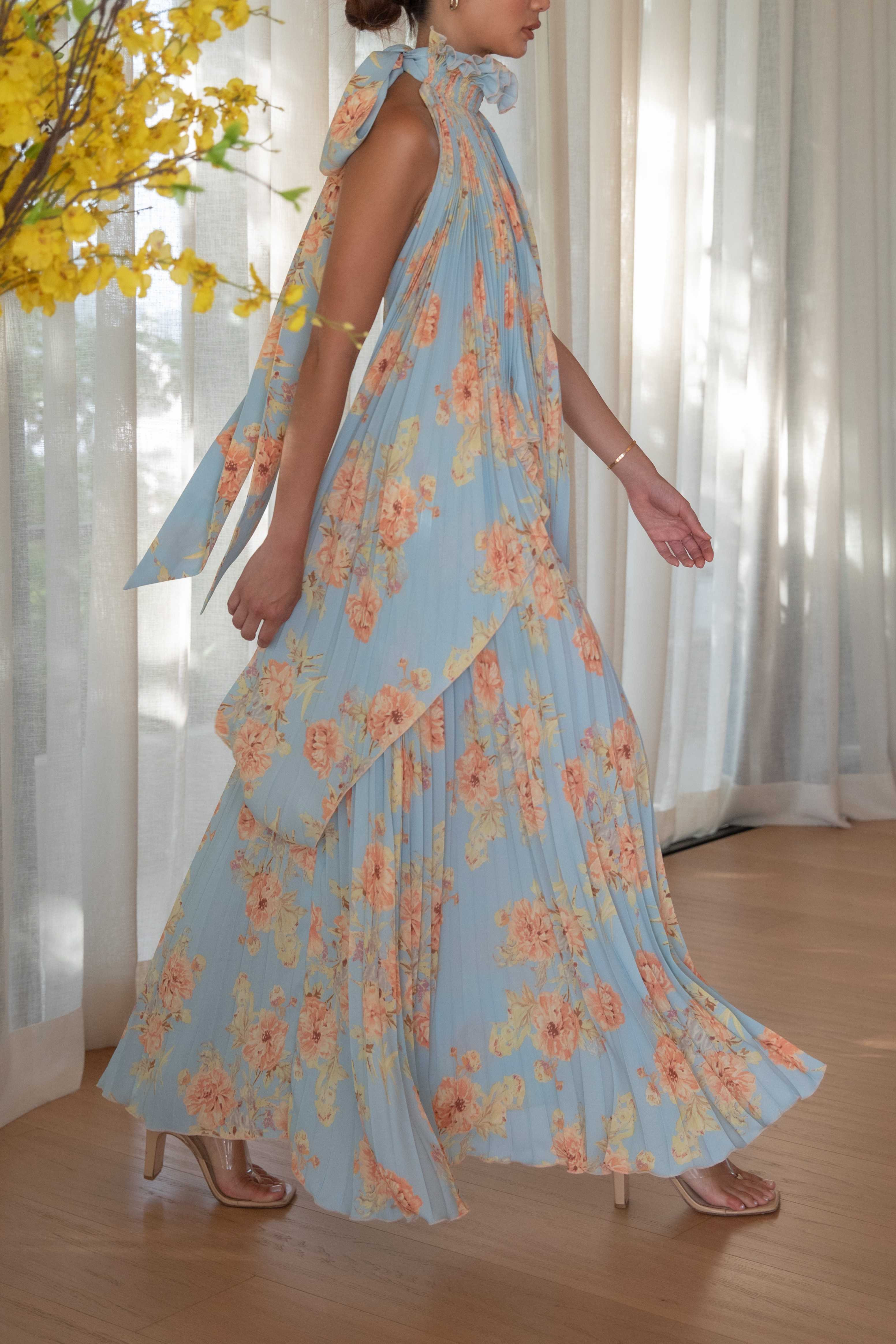 Ruffle Neck Bow Open Back Set (Top & Skirt) - Blue Floral