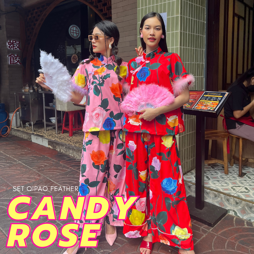 Set Qipao ขนนก Candy Rose