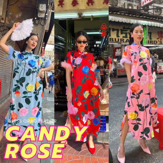 Dress Qipao ขนนก Candy Rose
