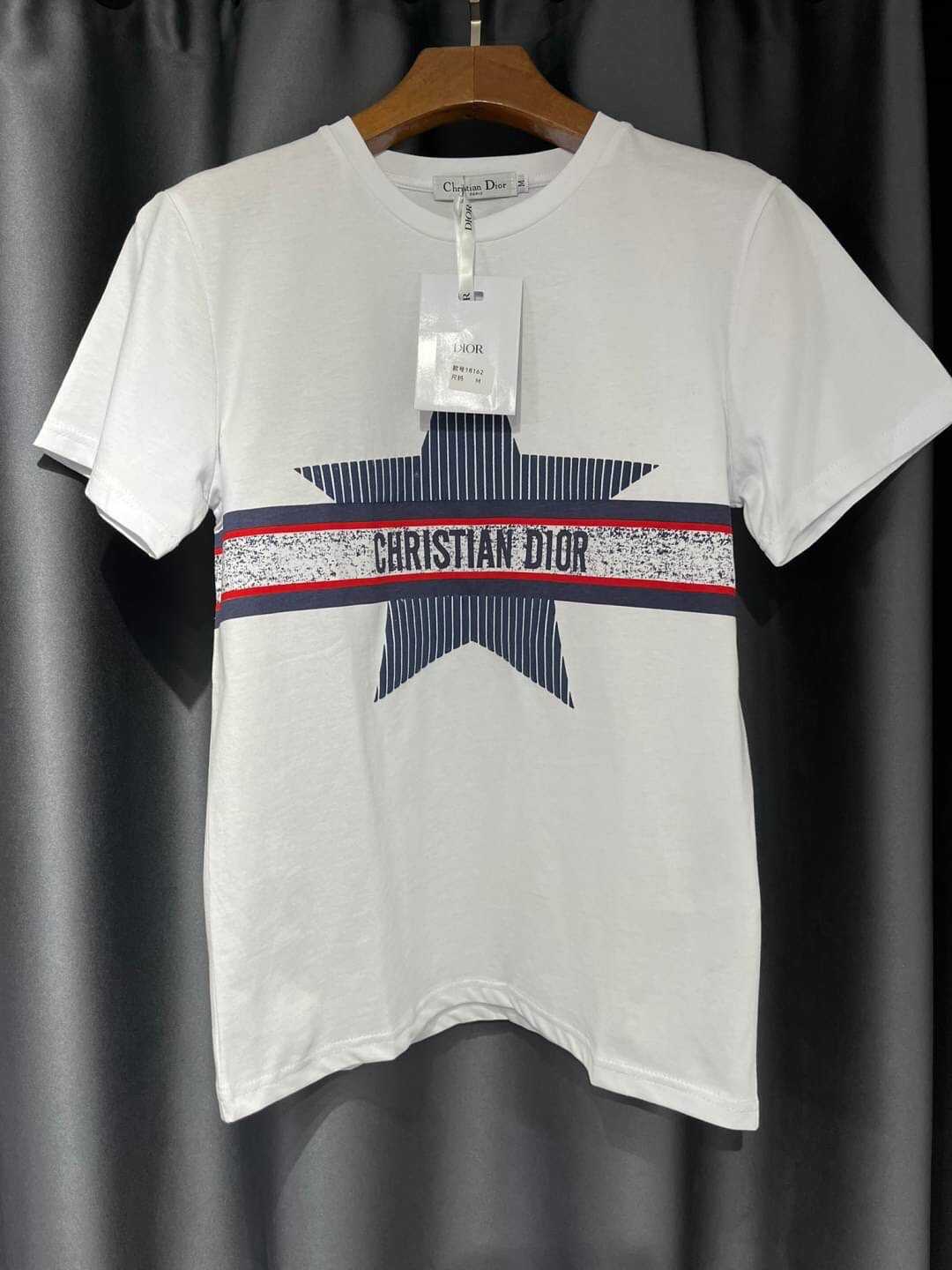 CHRISTIAN DIORALPS T-SHIRT WHITE THREE-TONE DIOR STAR COTTON JERSEY AND LINEN เสื้อคริสเตียนดิออร์