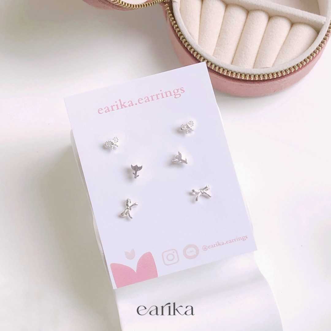 earika.earrings - tulip and ribbon set เซ็ตต่างหูดอกทิวลิป/ริบบิ้นก้านเงินแท้ คนแพ้ง่ายใส่ได้