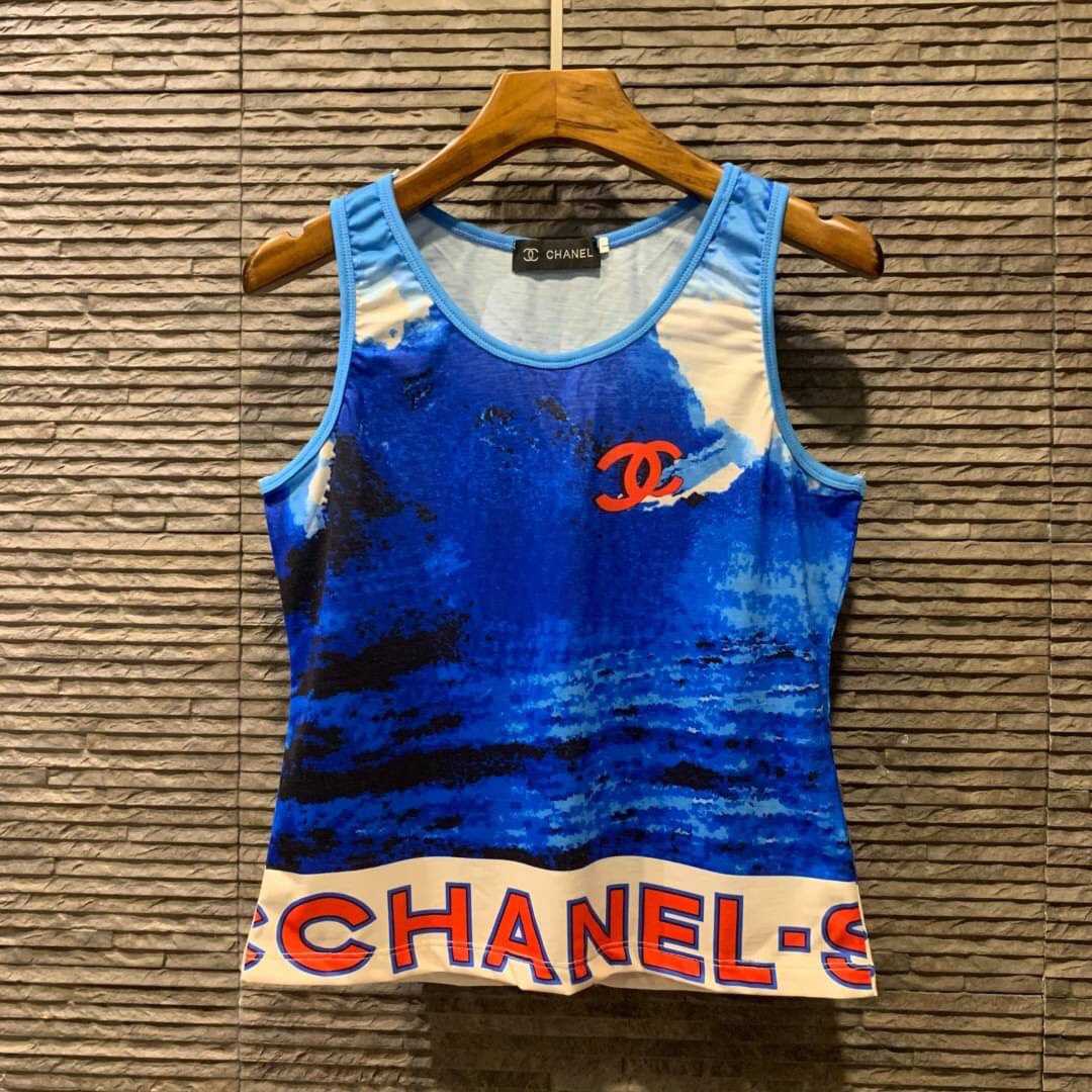 CHANEL PRE-OWNED SURF LINE VEST TOP เสื้อกล้ามชาแนล สกรีนรูปคลื่นน้ำทะเล สีฟ้าน้ำเงิน