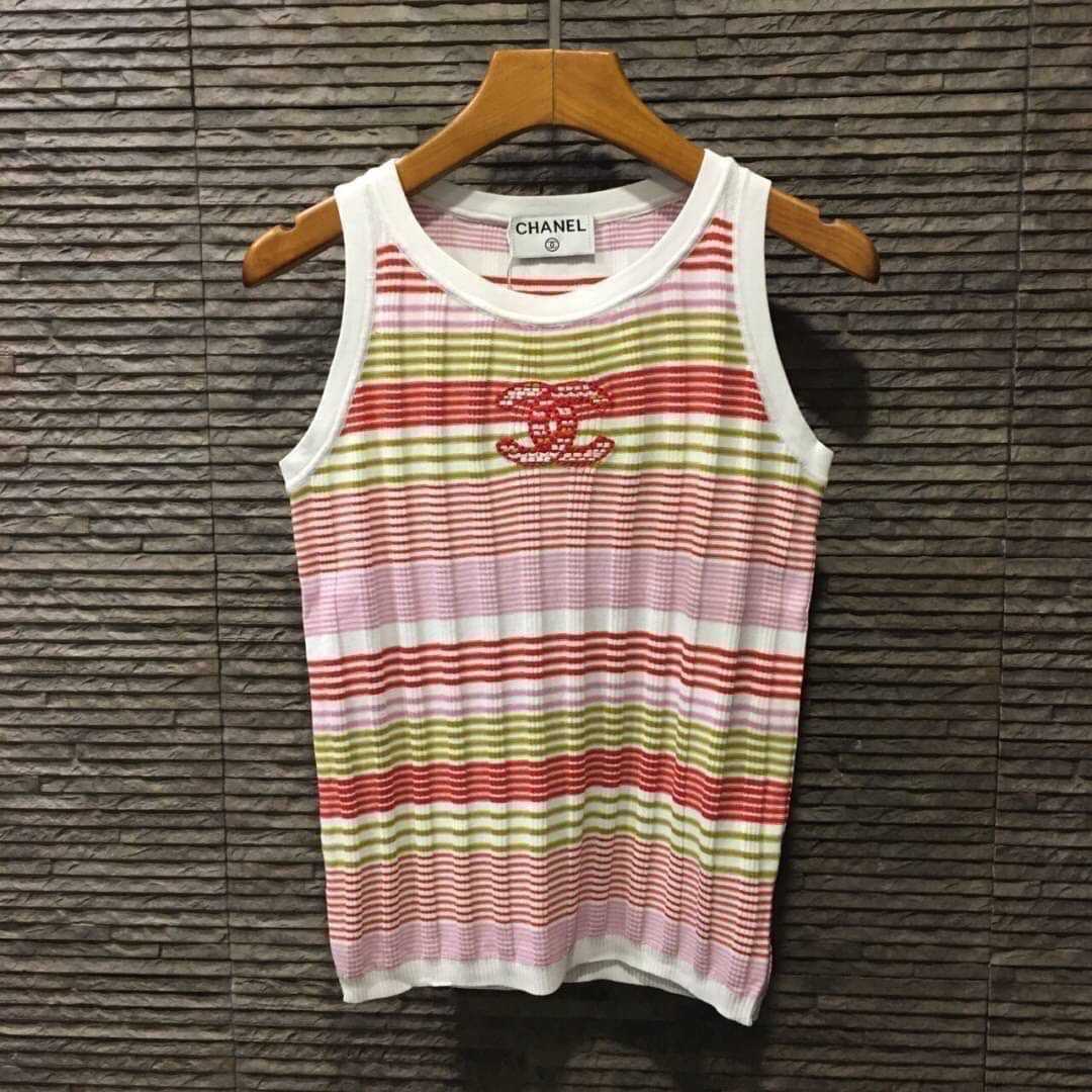 CHANEL CC LOGO STRIPE KNITTED STRETCHY VEST CROP TOP MULTICOLOR SWEATER