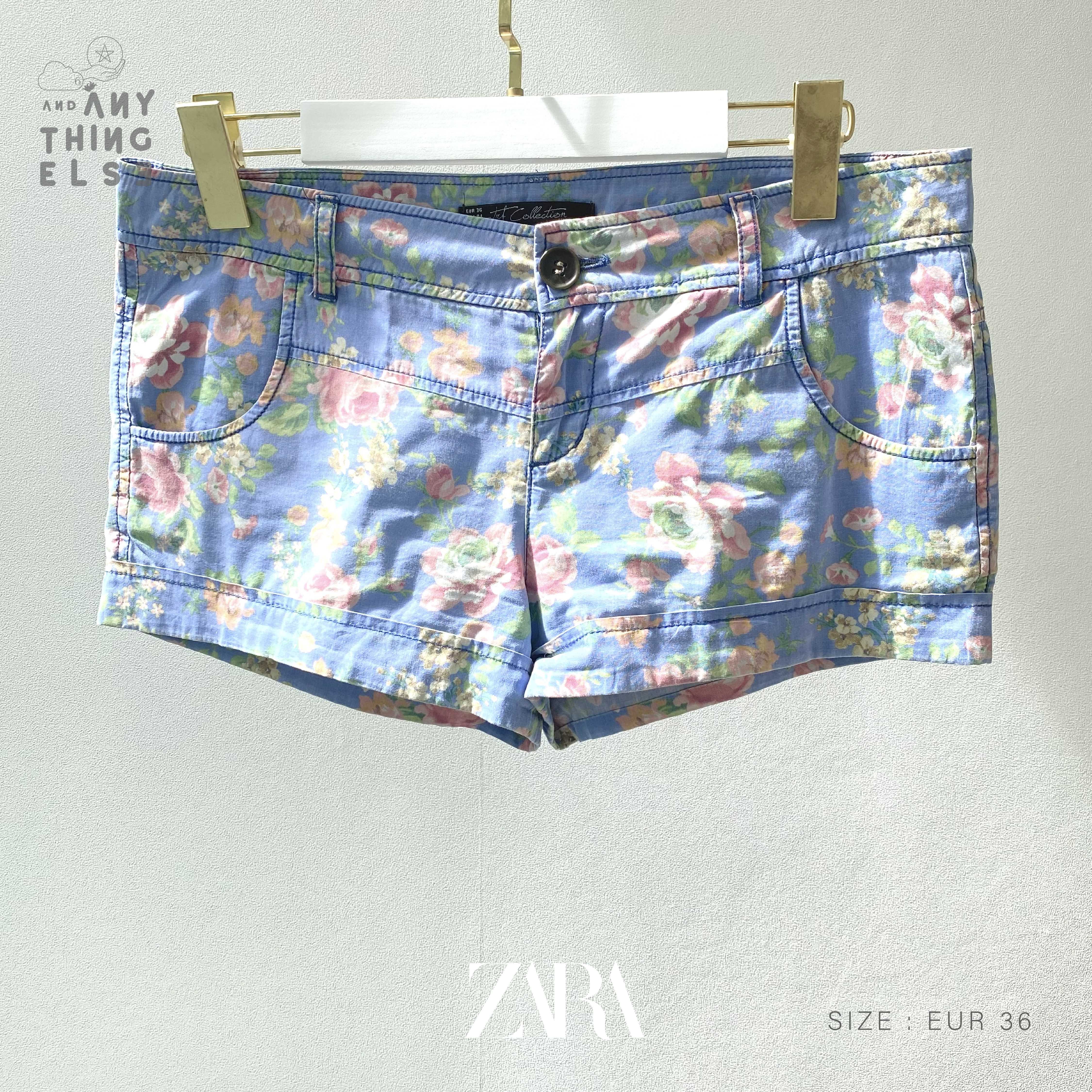 [USED] ZARA TRF Collection กางเกงขาสั้นสีฟ้า ลายดอกกุหลาบ vintage (size EUR 36 / เอวต่ำ 27)