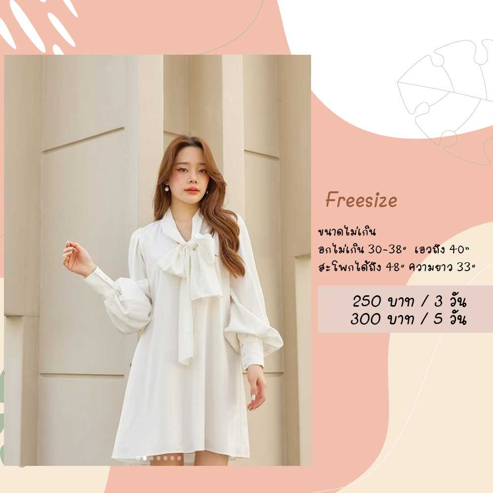 Long Shirt 08 เสื้อเชิ้ตยาว แขนยาว ผูกโบว์ด้านหน้า Freesize สีขาว Pirunya