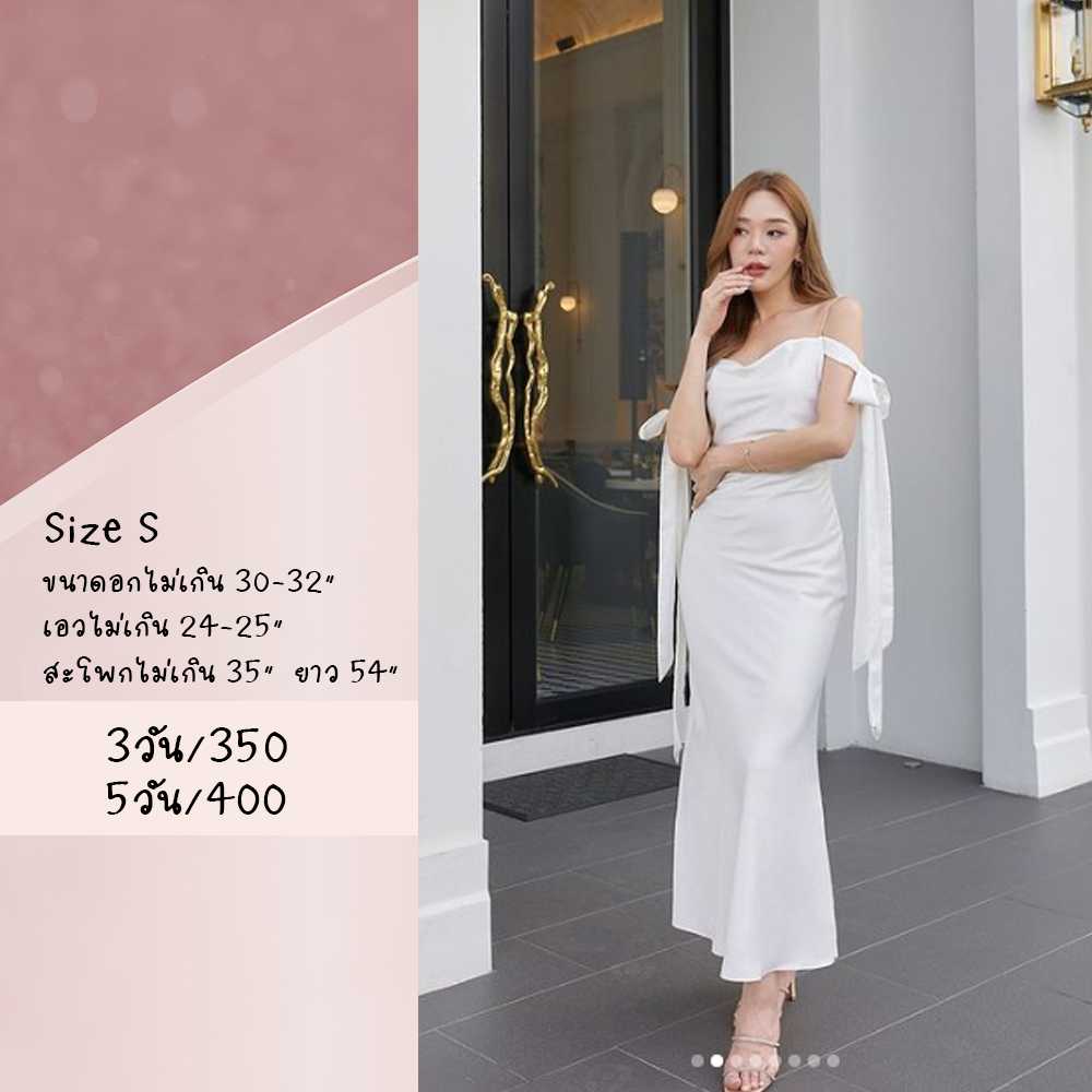 Long Dress 12 เดรสยาว คอถ่วง สายเพชร แขนผูกโบว์ Size S สีขาว Pirunya