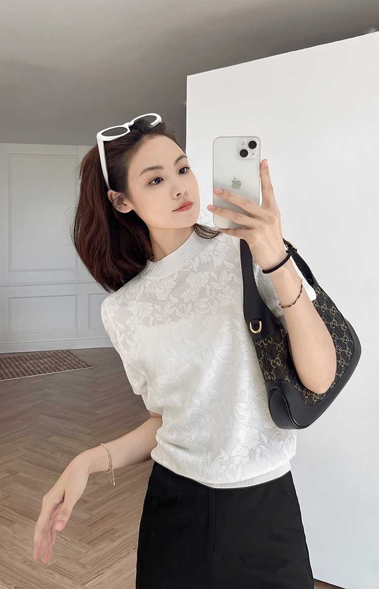 Meiyang MEIYANG [spot] camellia weaving dream knitted top elegant short-sleeved T