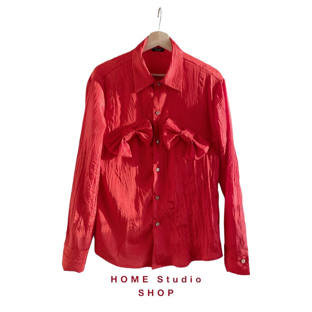 Wrinkled Red Bow Shirt 