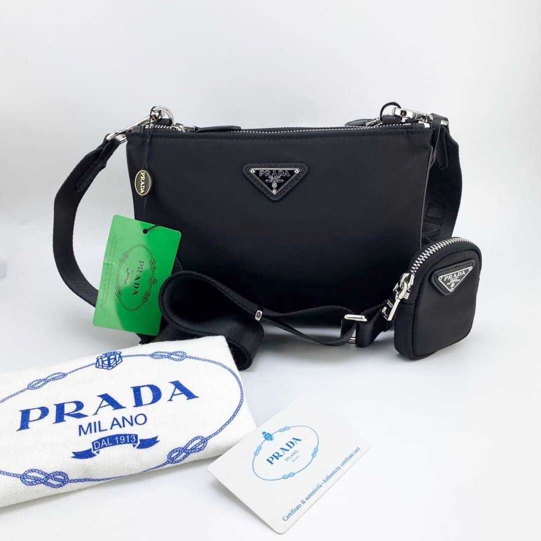 PRADA BLACK RE-NYLON AND LEATHER BAG 2IN1 กระเป๋าสะพายข้าง ครอสบอดี้ แบรนด์ปราด้า