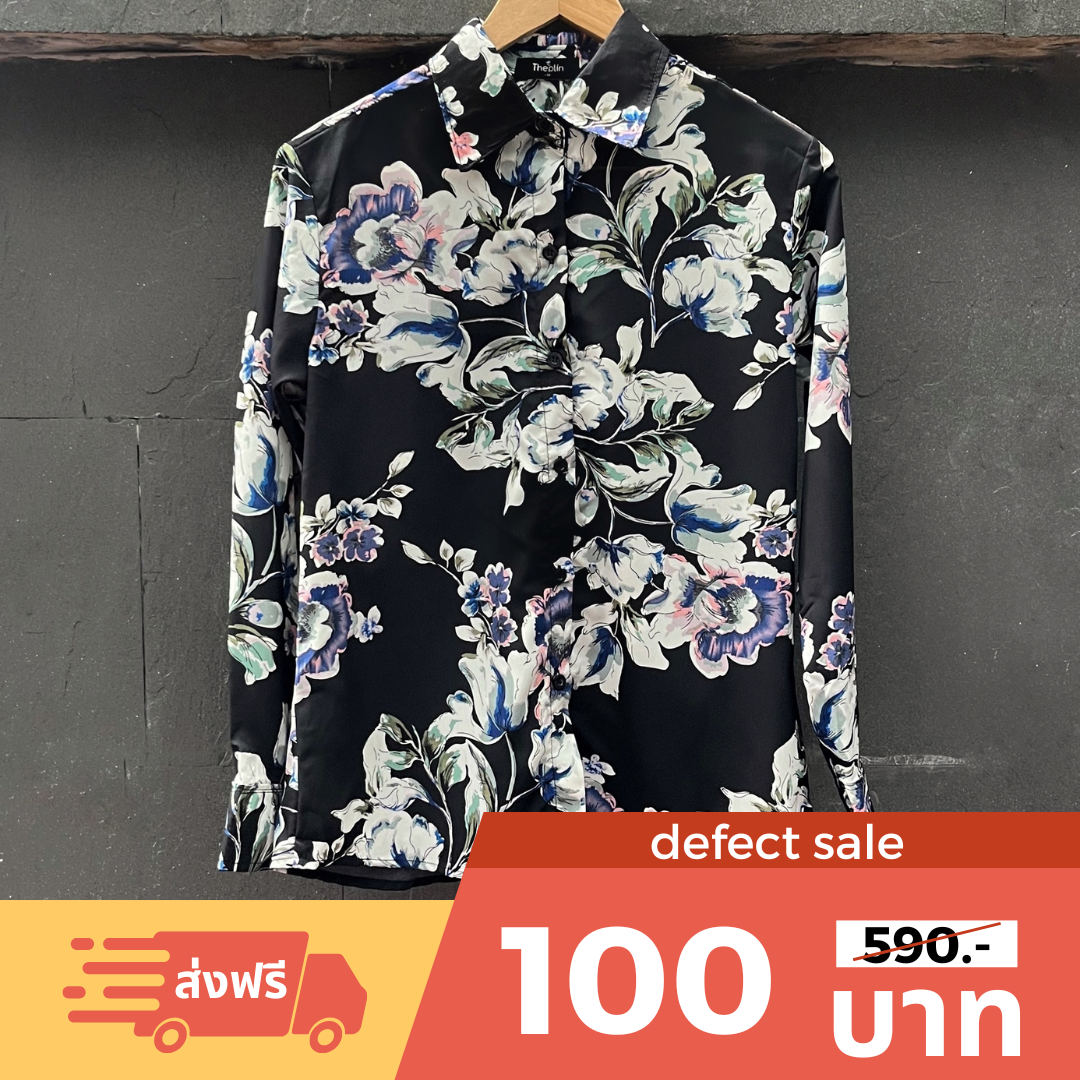 [Defect Sale พร้อมส่ง] เสื้อเชิ้ตแขนยาวสีดำพิมพ์ลายดอกไม้ | QC013