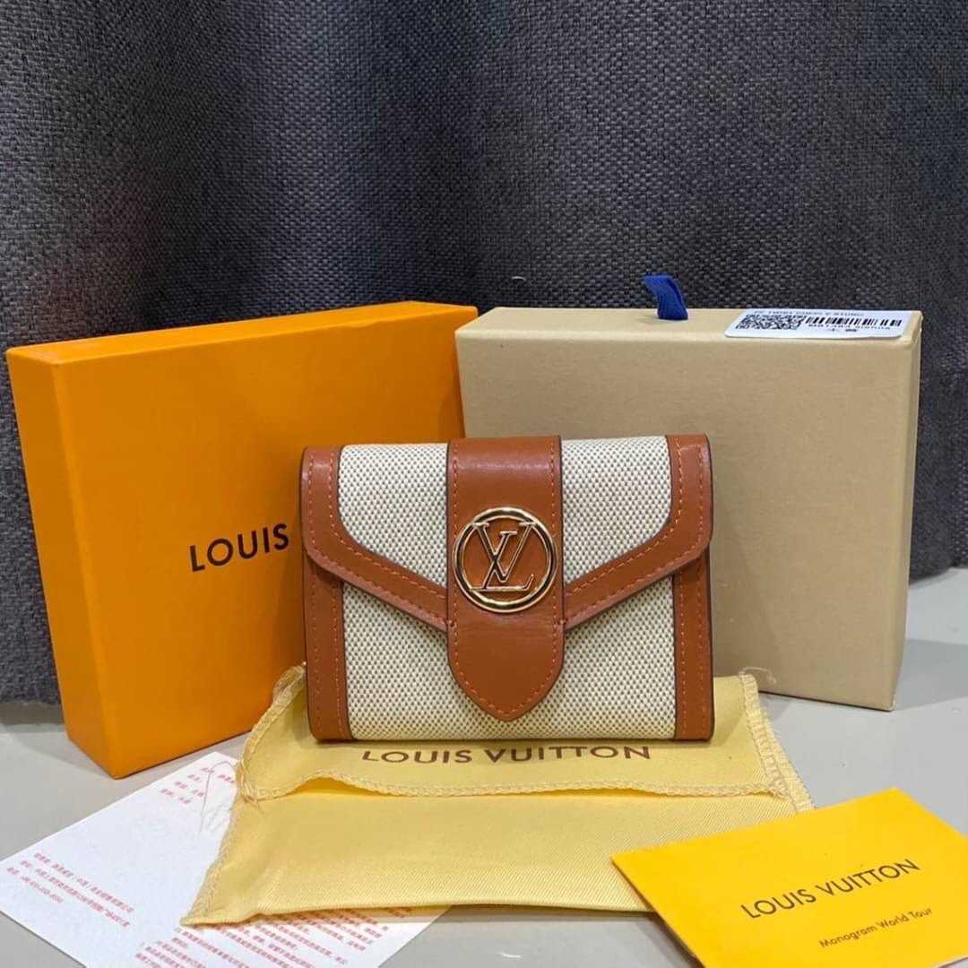 LOUIS VUITTON WHITE CANVAS AND BROWN LEATHER FOLDING WALLET กระเป๋าสตางค์ใบสั้น 3 พับ หลุยส์วิตตอง