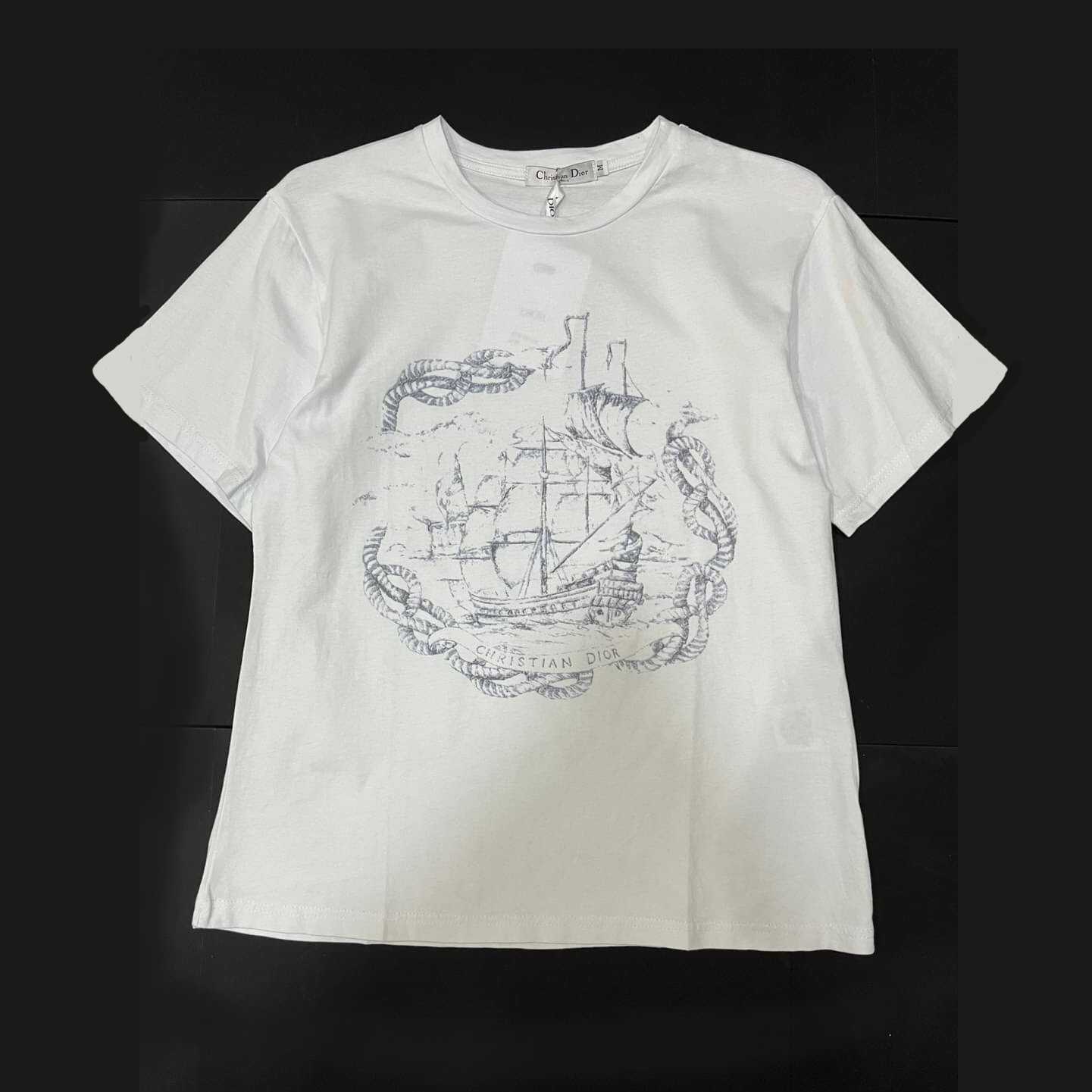 CHRISTIAN DIOR T-SHIRT ECRU COTTON JERSEY AND LINEN WITH VESSEL MOTIF  เสื้อคริสเตียนดิออร์