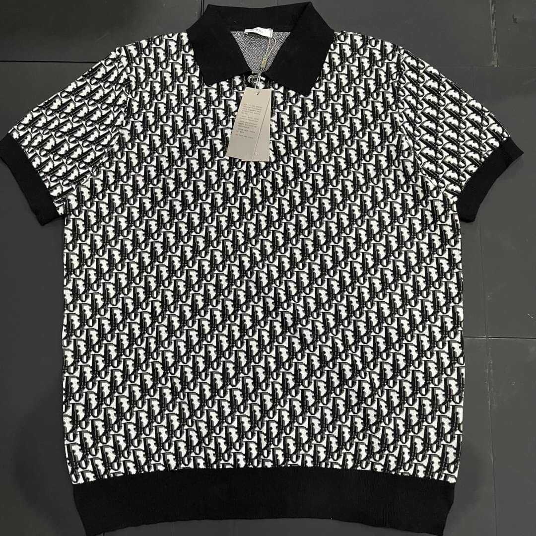 CHRISTIAN DIOR OBLIQUE POLO SHIRT BLUE COTTON JACQUARD KNIT เสื้อคอปกโปโล ผ้าไหมพรม แบรนด์คริสเตี