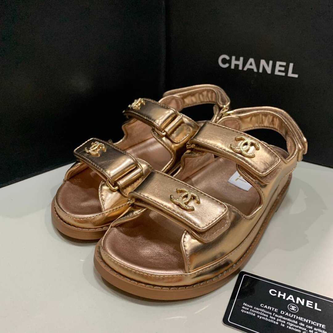 CHANEL FLATFORM SANDALS SHOES METALLIC BRONZE รองเท้าแตะแบบสวม แบรนด์ชาแนล