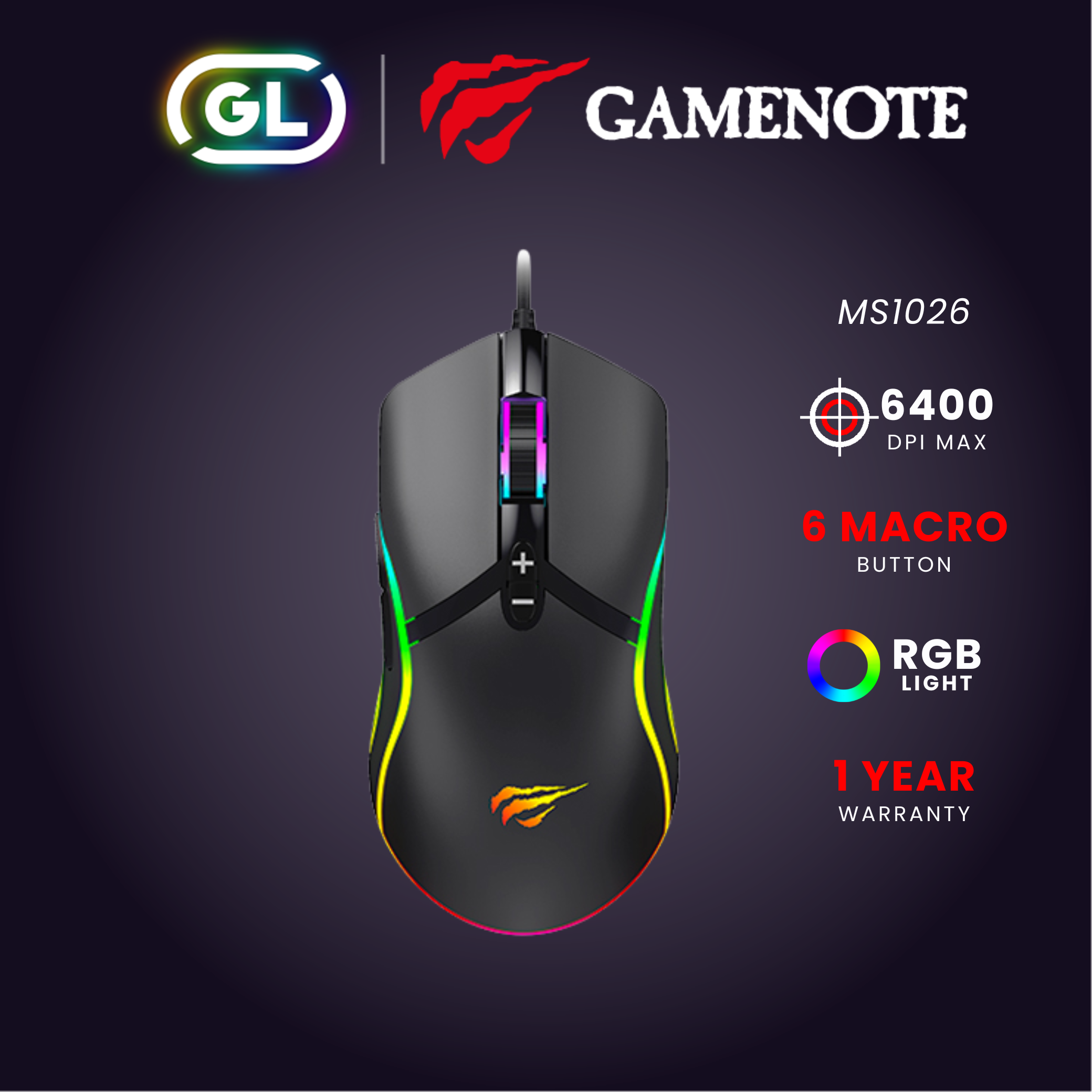 Gamenote Macro Gaming mouse RGB เมาส์เกมมิ่งมาโคร 6 Key ไฟ RGB Backlit MS1026 800-6400DPI