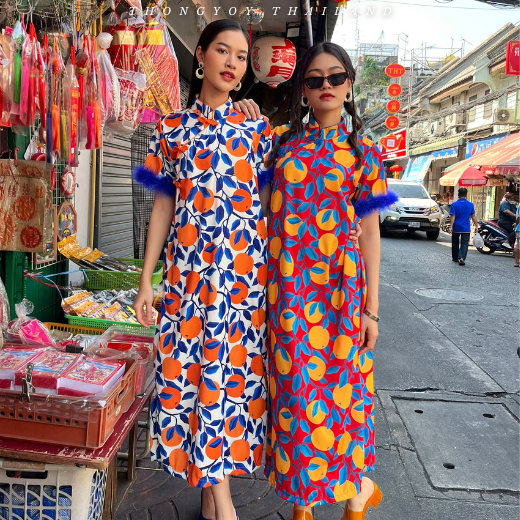 Dress Qipao ขนนก Sweet Orange