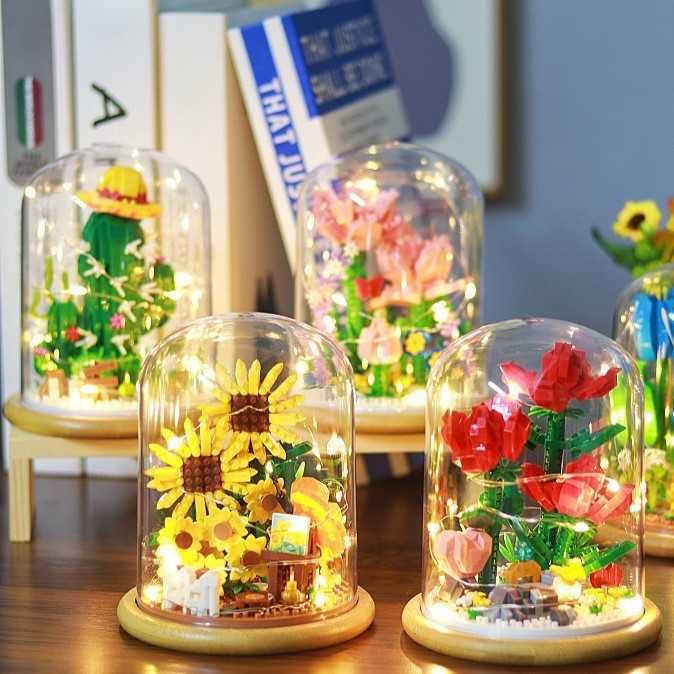 (พร้อมส่ง)flower glass ตัวต่อดอกไม้ ช่อดอกไม้ มีฐานพร้อมฝาครอบ ของขวัญ วันวาเลนไทน์ Valentines