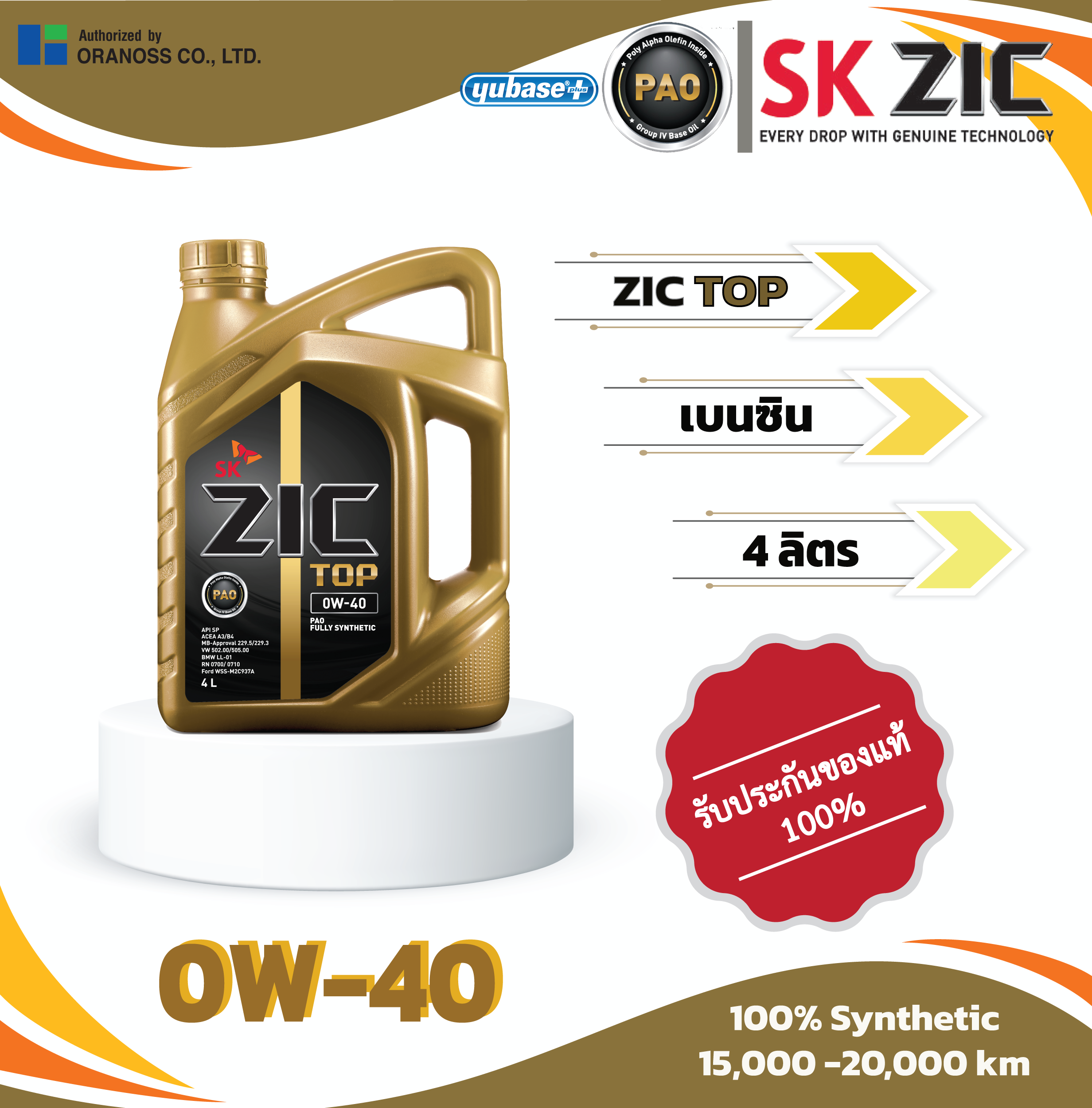 ZIC TOP 0W-40 4L น้ำมันเครื่องสังเคราะห์แท้