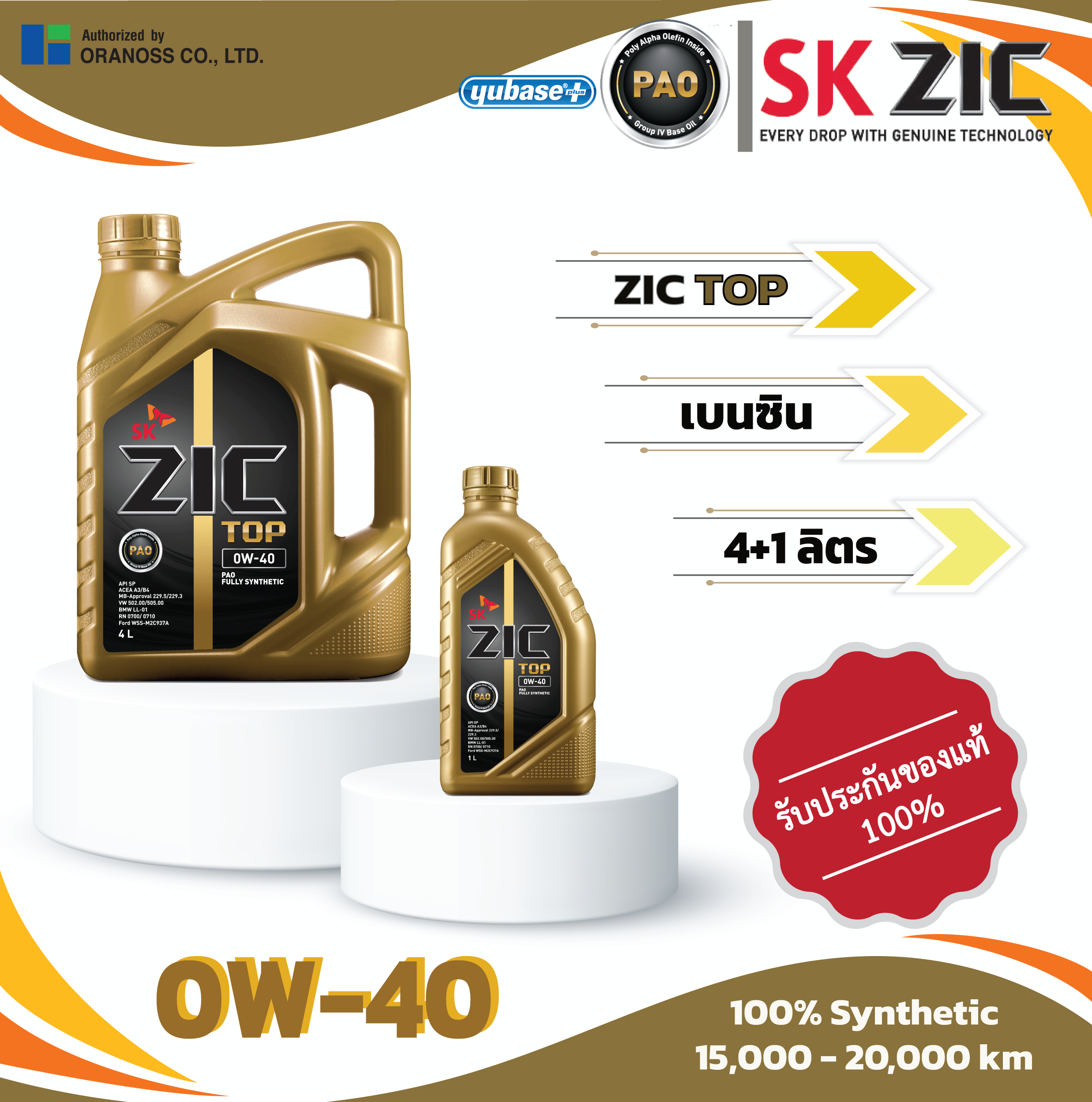 ZIC TOP 0W-40 5L น้ำมันเครื่องสังเคราะห์แท้