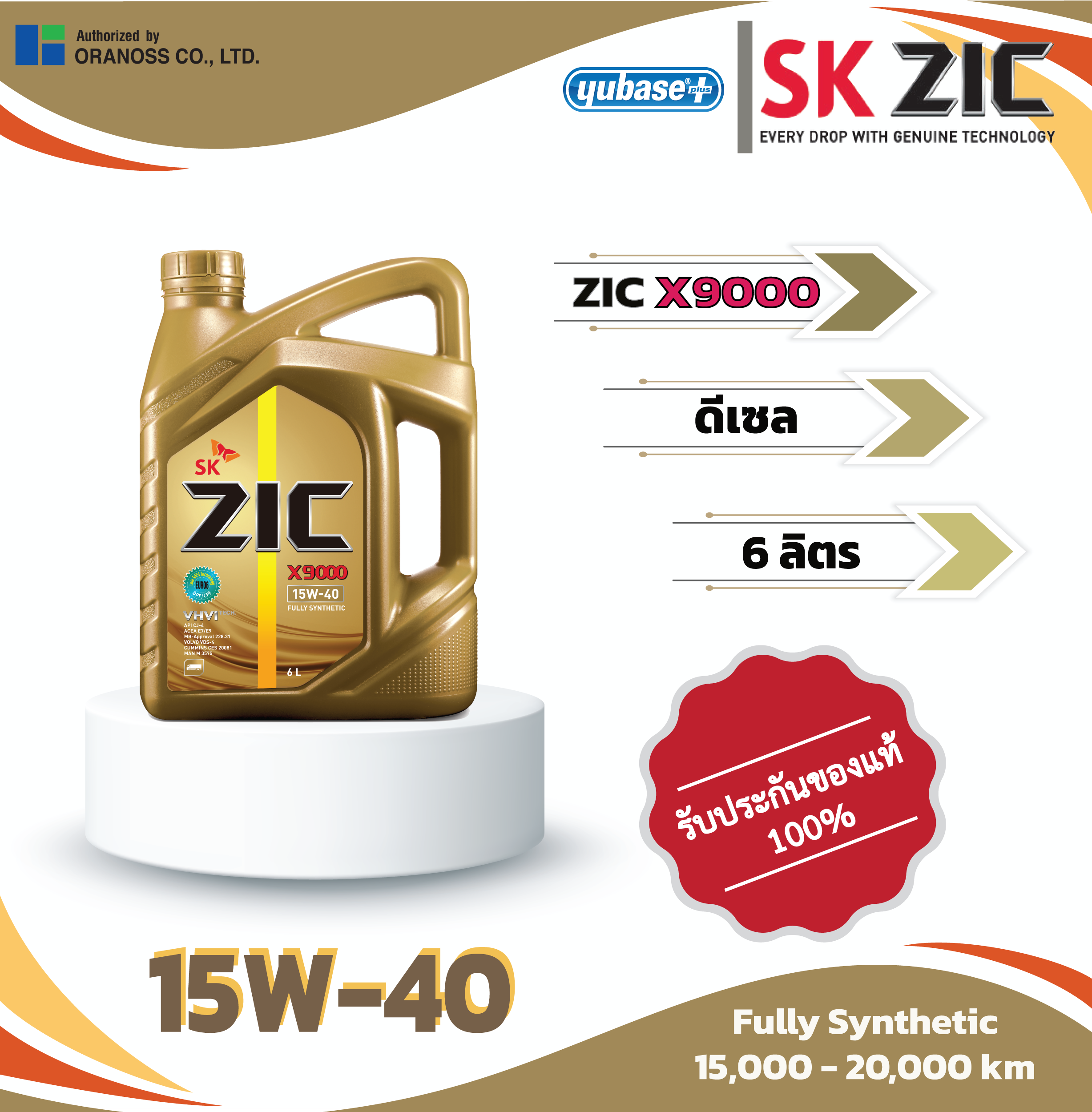 ZIC X9000 15W-40 6L น้ำมันเครื่องสังเคราะห์แท้