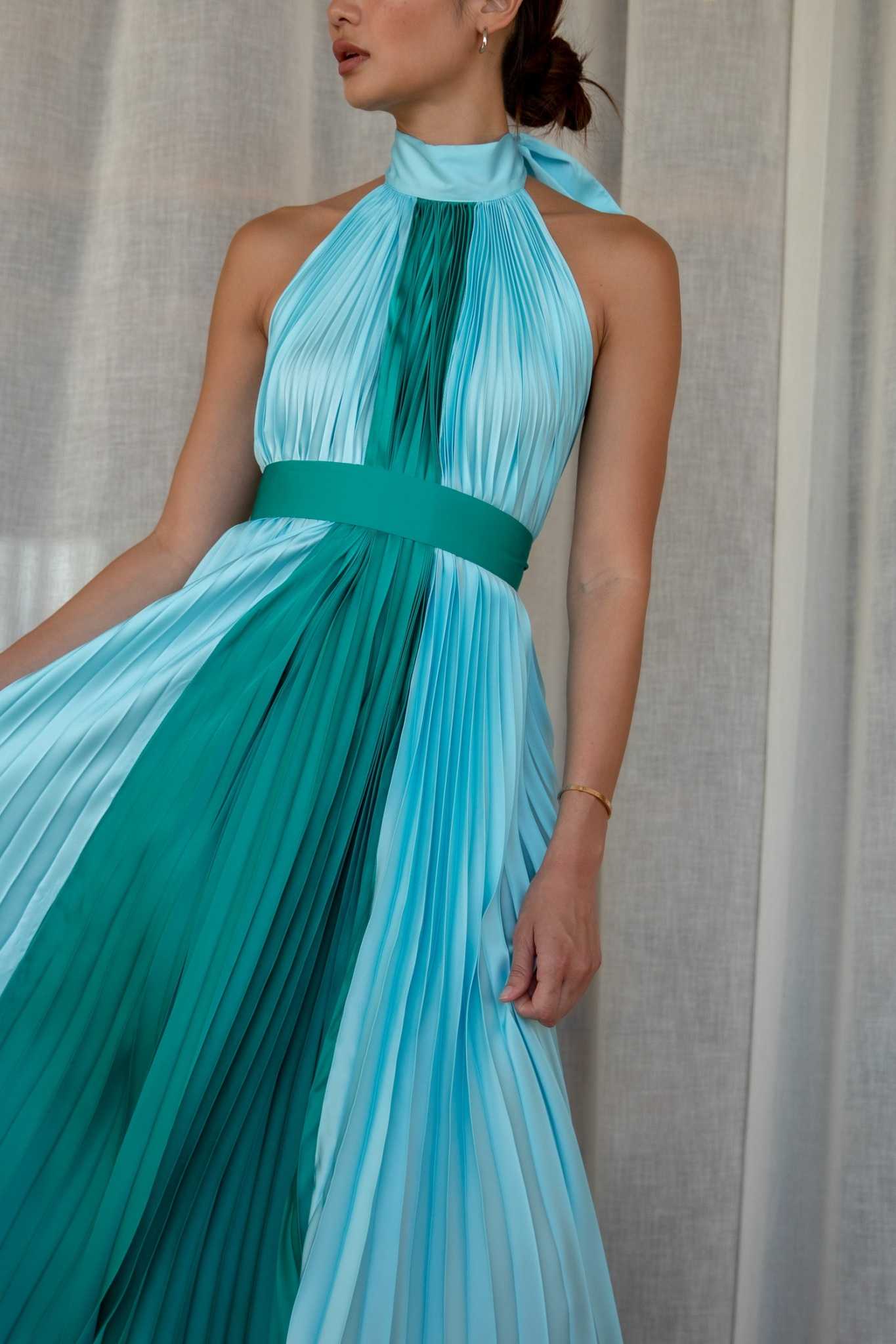 Double Bow Open Back Dress - 2 tone Sky Green