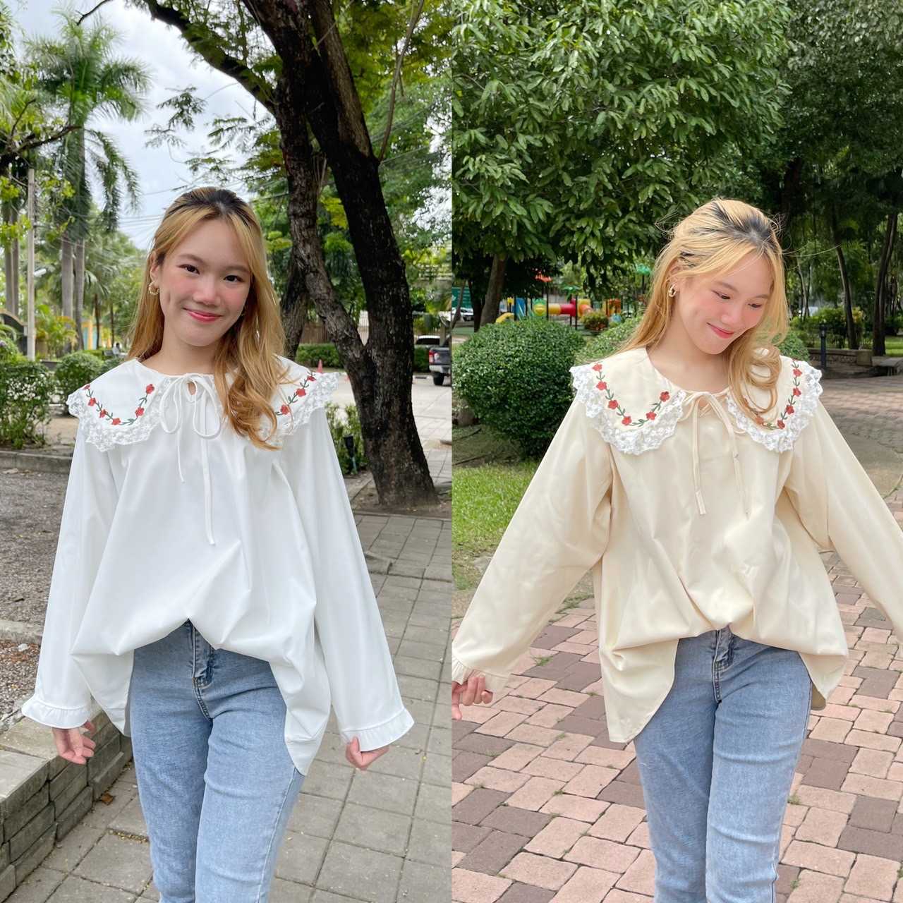 T029 เสื้อเชิ้ตแขนยาวปกปักลายดอกไม้ พร้อมส่ง 2 สี