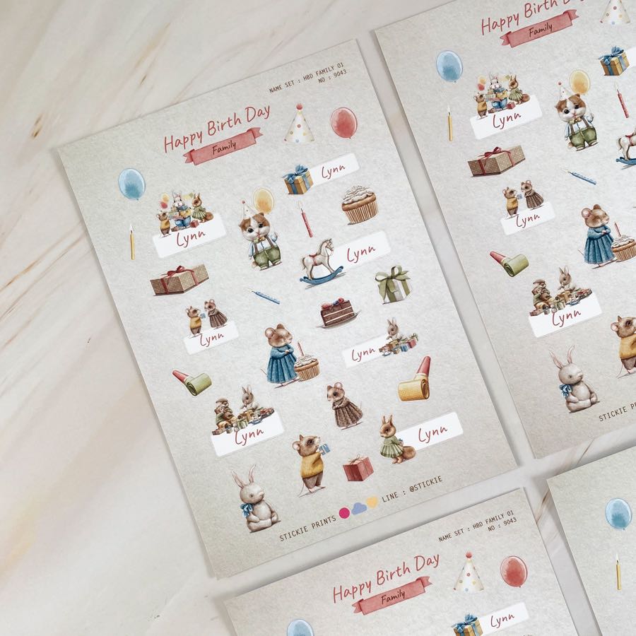 สติ๊กเกอร์ชื่อ กันน้ำ ลายHBD FAMILY ( Name Sticker 4 sheet / set )