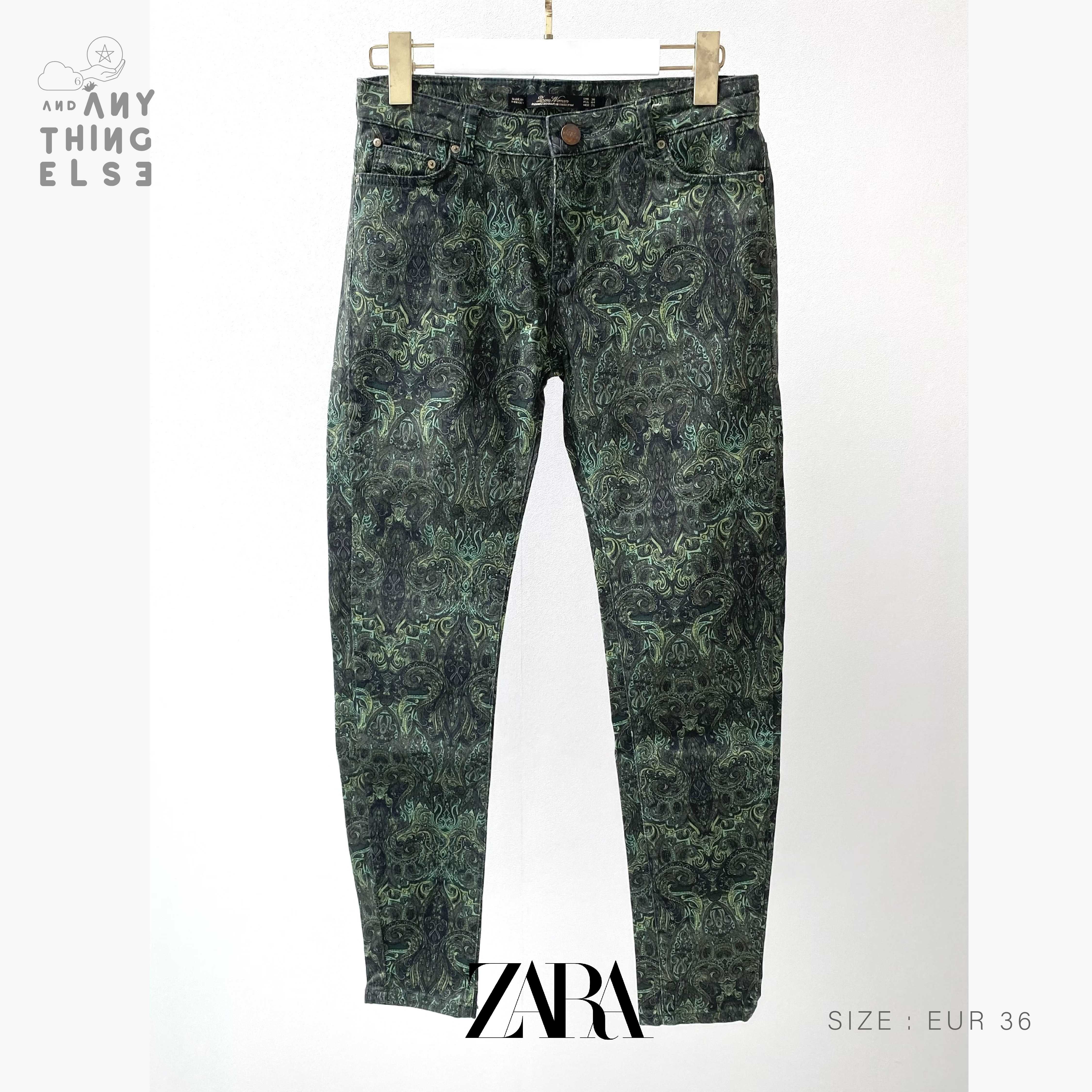 [USED] ZARA WOMAN กางเกงผ้า Print ลายสีเขียว (size EUR 36 / เอว 27)