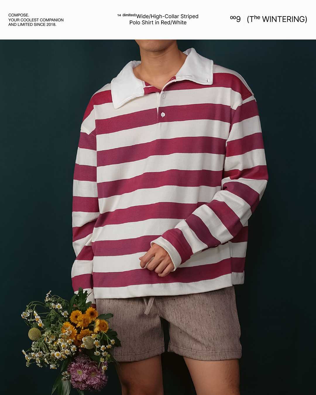 FW22/14 Wide&High-Collar Striped Polo Shirt in Red/White