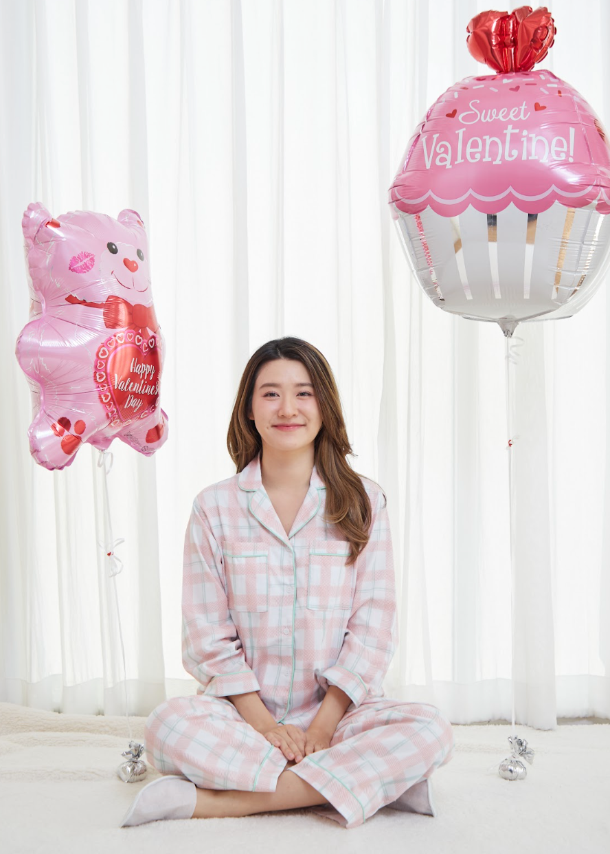 SliptoSleep ชุดนอนโนบรา-Salmon Grids  Long Sleeve Pants set