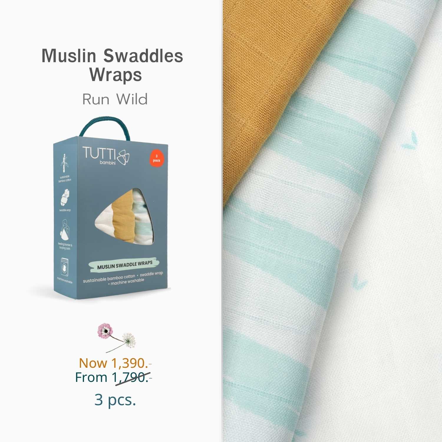 ผ้าห่อตัว Tutti Bambini Muslin Swaddle Wraps 3pk
