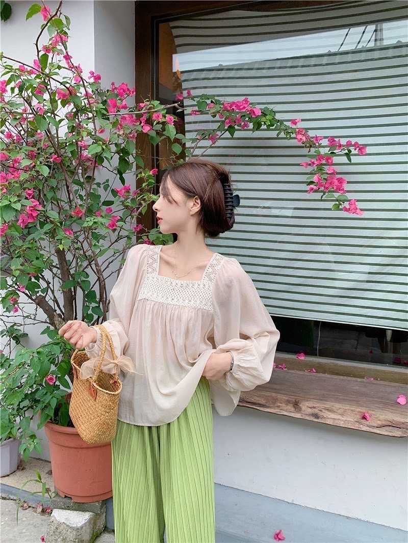 T134 เสื้อแขนยาวคอเหลี่ยมแต่งลูกไม้ สไตล์สาวหวาน