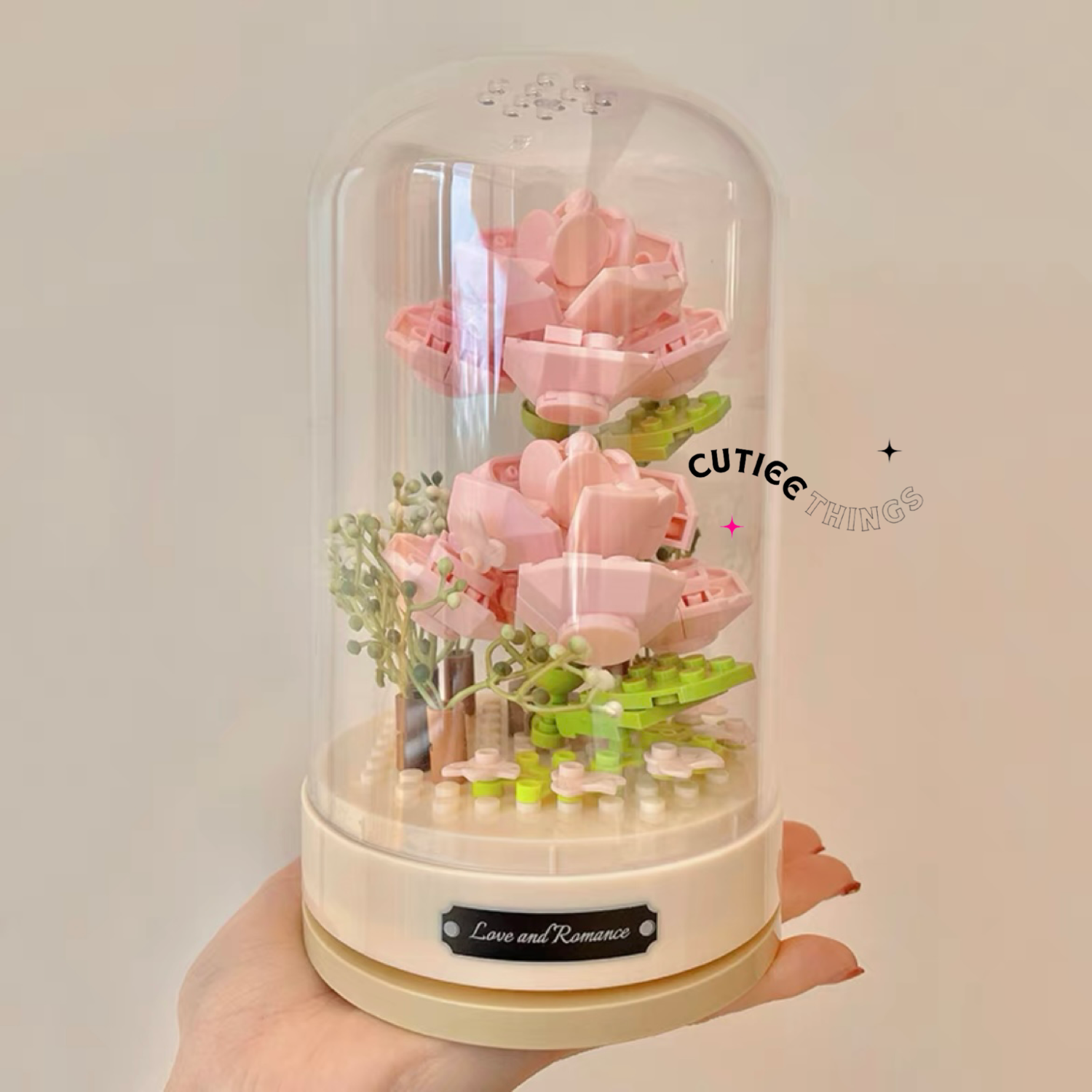 #พร้อมส่ง เลโก้กล่องดนตรีดอกกุหลาบสีชมพู แบบโดมครอบ