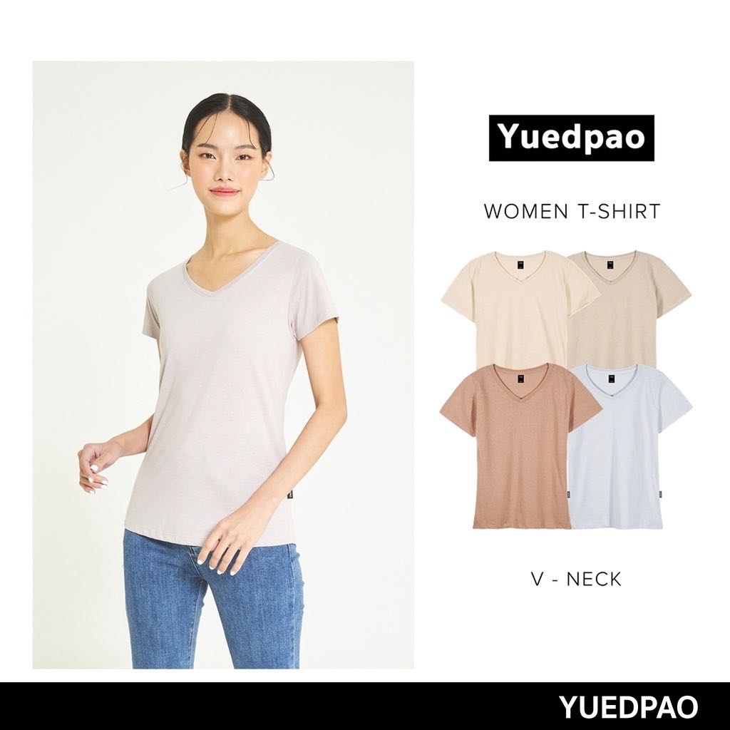 Yuedpao เสื้อยืดผู้หญิงคอวี ทรงเข้ารูป ไม่ย้วย ไม่หด ไม่ต้องรีด สีพื้นคอวีผู้หญิง สี FALL WINTER