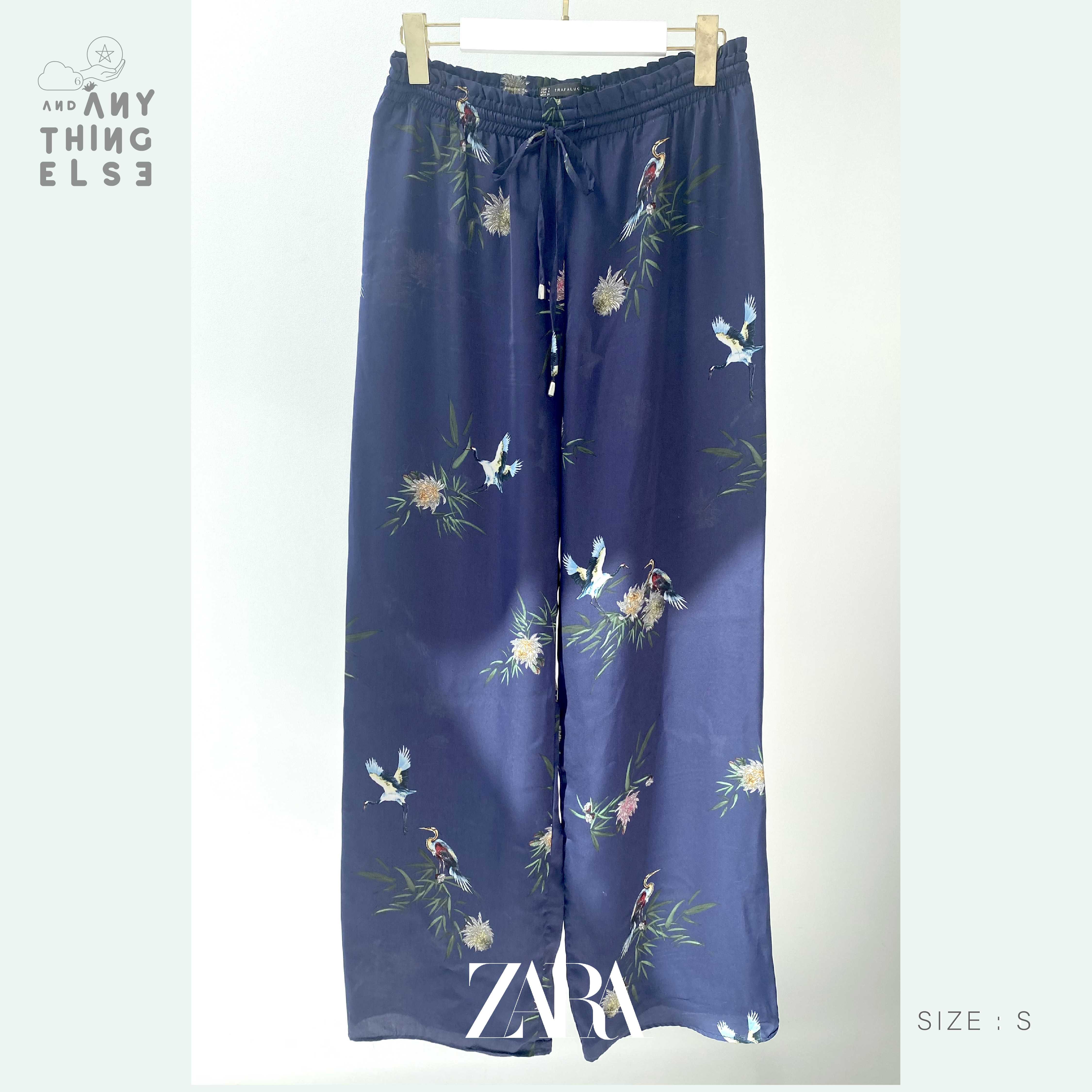 [USED] ZARA TRAFALUC กางเกงผ้าสีน้ำเงิน Print ลาย (size S  เอวรูด 26-30)