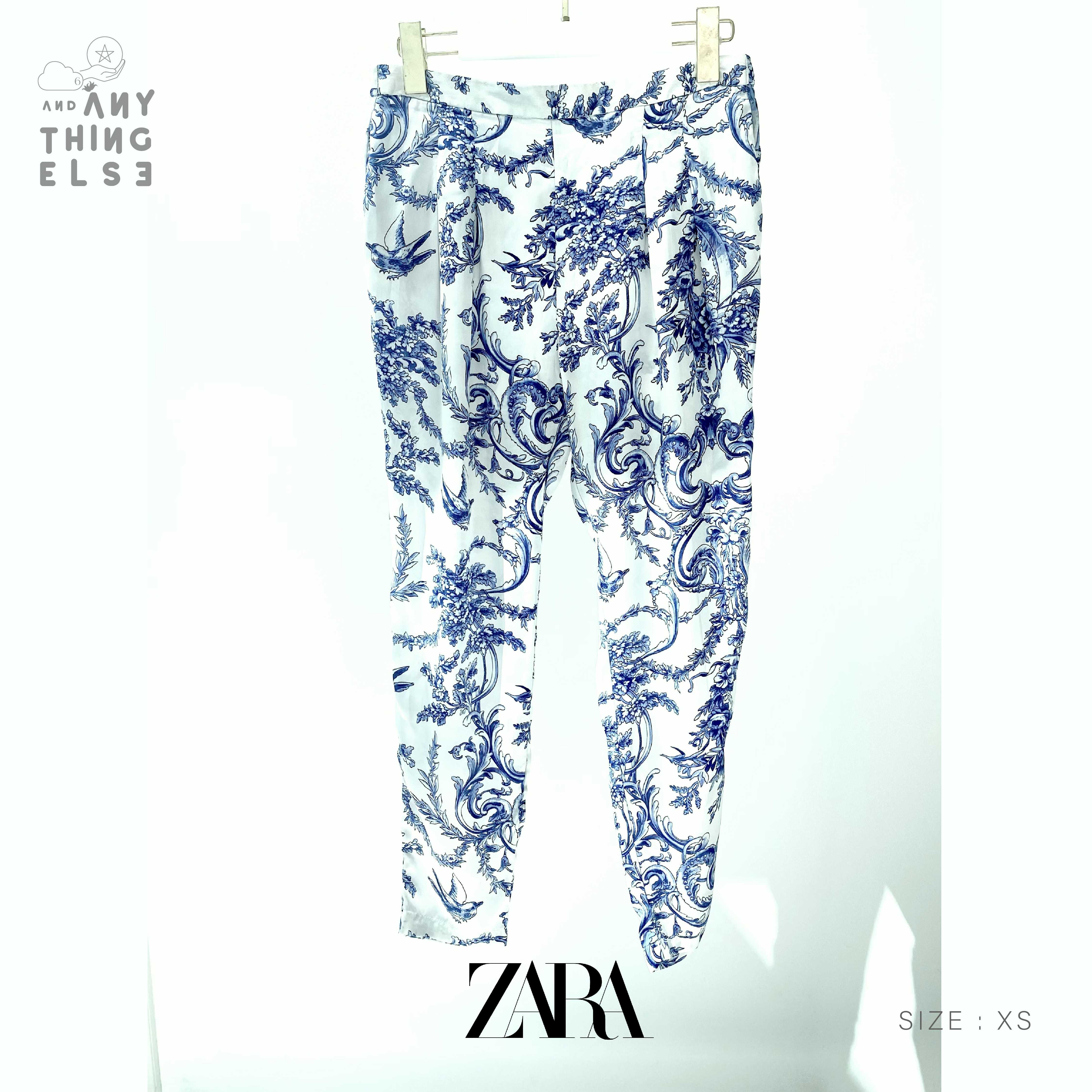 [USED] ZARA BASIC กางเกงผ้าสีขาว Print ลายดอกไม้ (size XS / เอว 26)