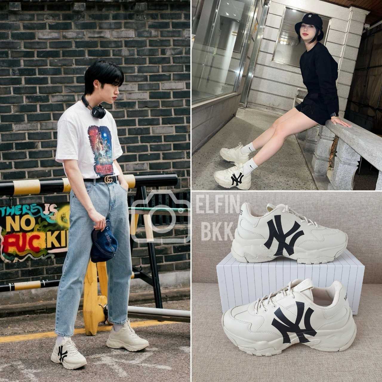 Clearance Sale📣 MLB Bigball Chunky รองเท้าสีขาว สีครีม  โลโก้ NY ดำ